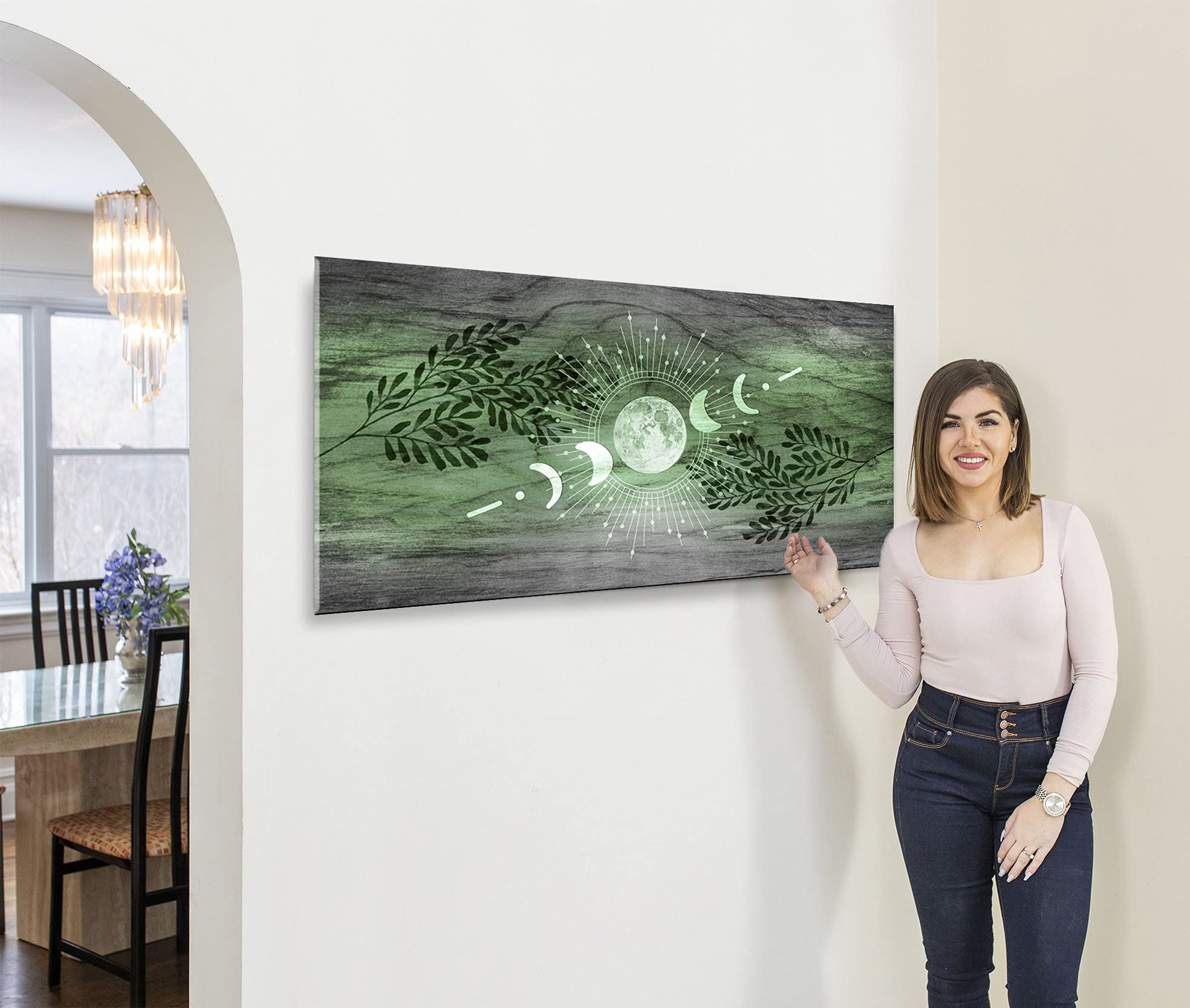 Boho Moon Phases Framed Large Canvas Wall Art - Bohemian Home Decor with Rustic Style, Modern Moon Phase Design (Green, 42x19 Inches) Perfect for Living Room, Bedroom or Office Decor