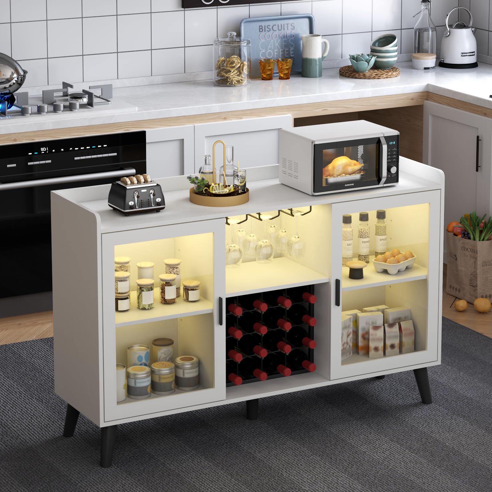 Modern Wine Bar Cabinet with LED Lights - Freestanding Kitchen Sideboard Buffet with Wine Rack, Glass Holder & Storage Shelves - White Glass Door Liquor Cabinet for Home, Dining Room & Entertaining Spaces