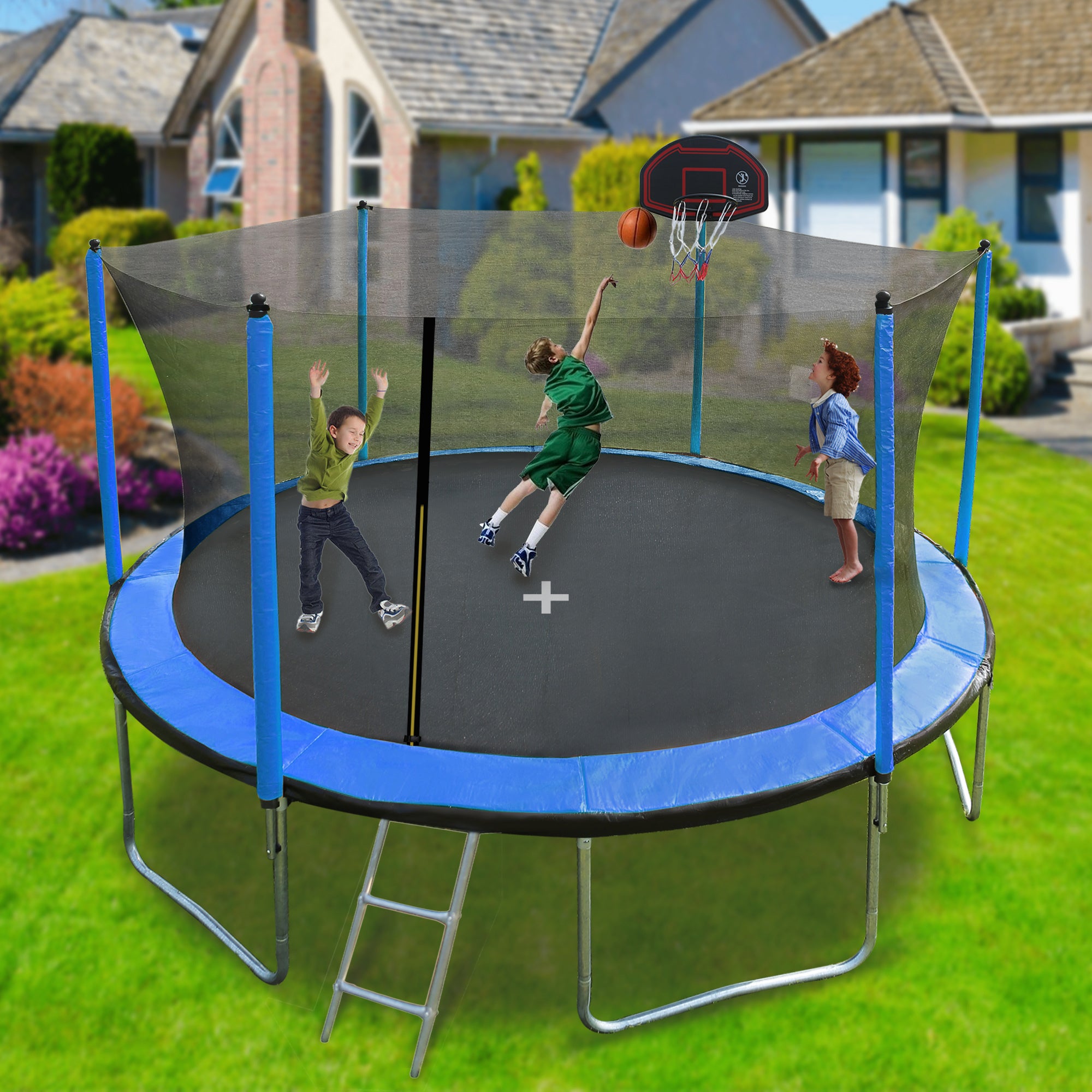 15FT Trampoline with Basketball Hoop, Air Pump, and Safety Ladder - Blue | Outdoor Backyard Fun for Kids & Adults | Perfect for Exercise, Play, and Family Bonding