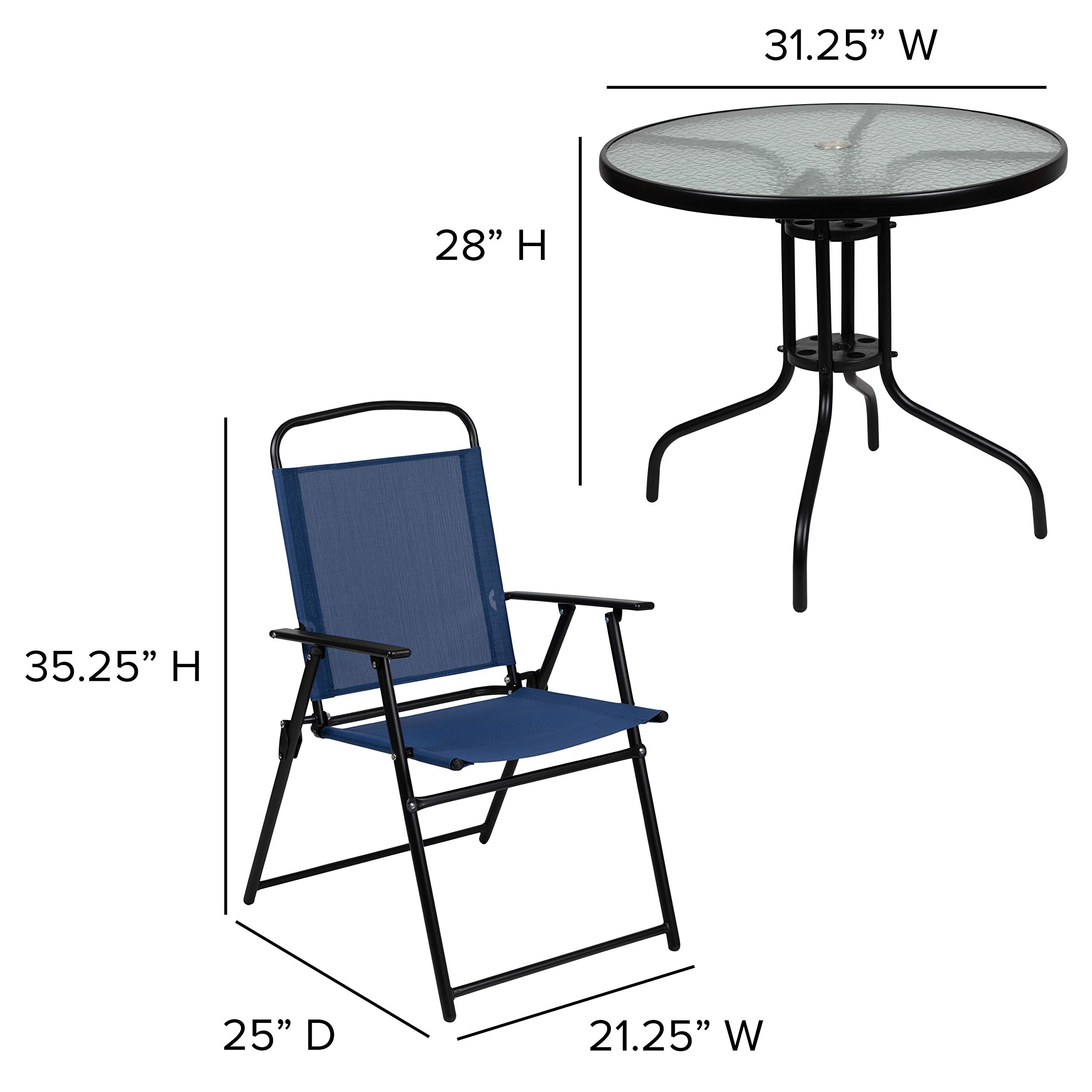 EMMA + OLIVER 6-Piece Navy Blue Outdoor Patio Furniture Set with Glass Table, Sun Umbrella & 4 Foldable Chairs - Perfect for Garden, Backyard, Poolside & Outdoor Dining