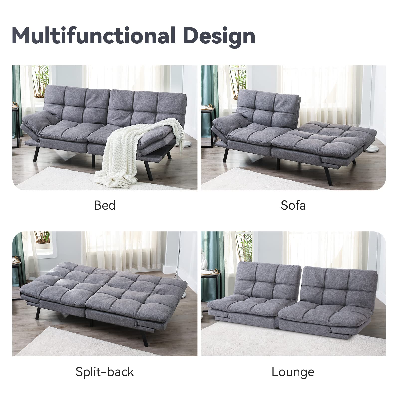 Hcore Convertible Futon Sofa Bed with Memory Foam - Modern Splitback Loveseat Sleeper for Living Room, Office & Apartment - Classic Grey Polyester Fabric | Perfect for Small Spaces, Guest Rooms & Studio Apartments