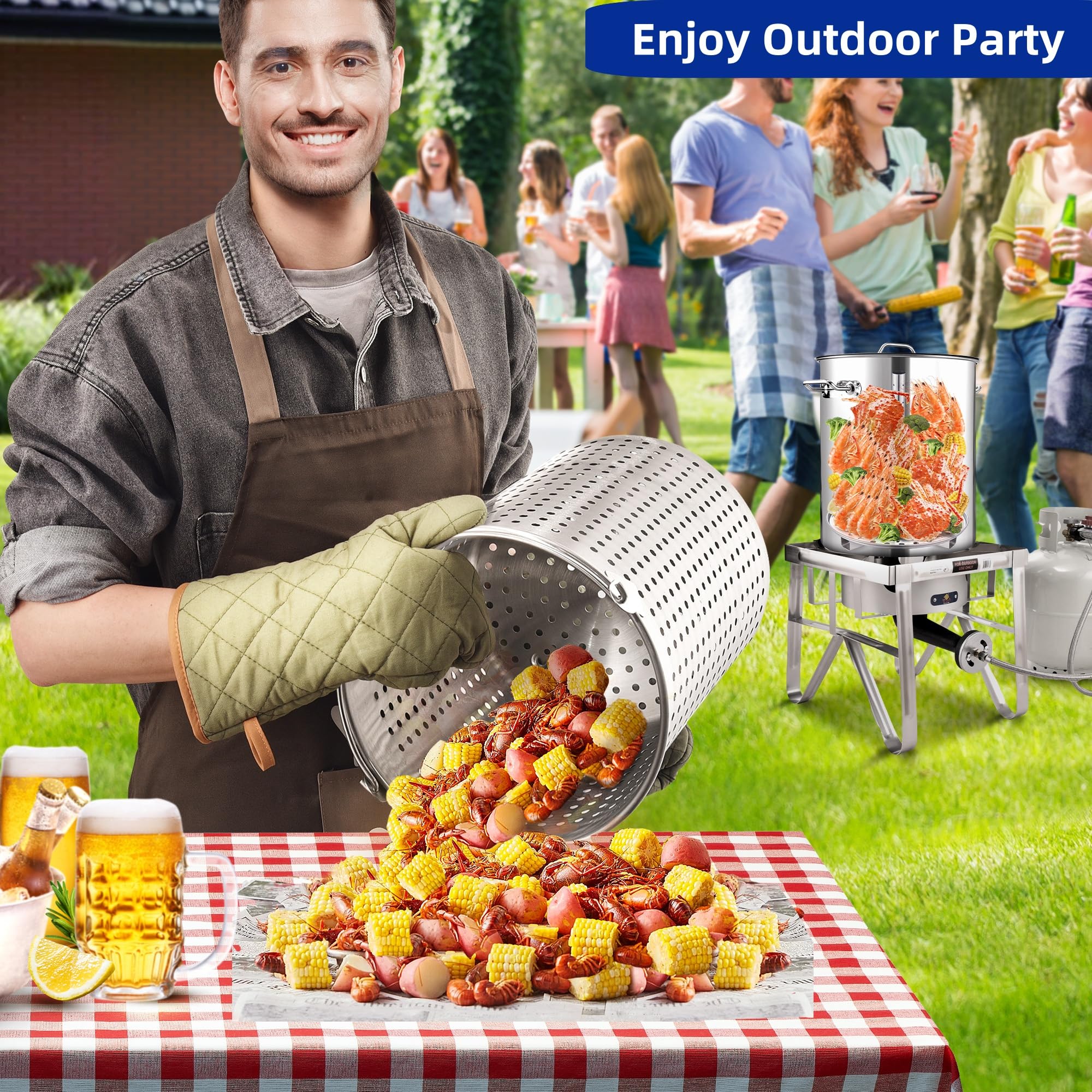 **64QT Stainless Steel Seafood Boil Pot with 200,000 BTU Propane Burner – Crab, Lobster, Shrimp Boiler & Tamale Steamer with Basket – Perfect for Outdoor Cooking, Turkey Frying & Large Gatherings**