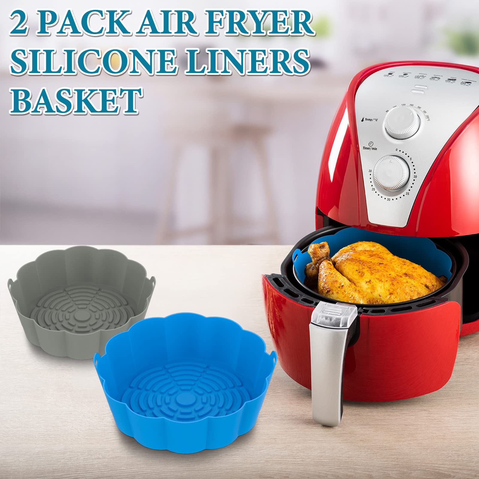 2 Pack Reusable Air Fryer Silicone Liners - Food Grade, Non-Stick, 8.5 Inch Round Inserts for 5-8 QT Air Fryer Baskets (Blue & Grey) - Perfect for Healthy Cooking, Easy Cleanup & Crispy Results