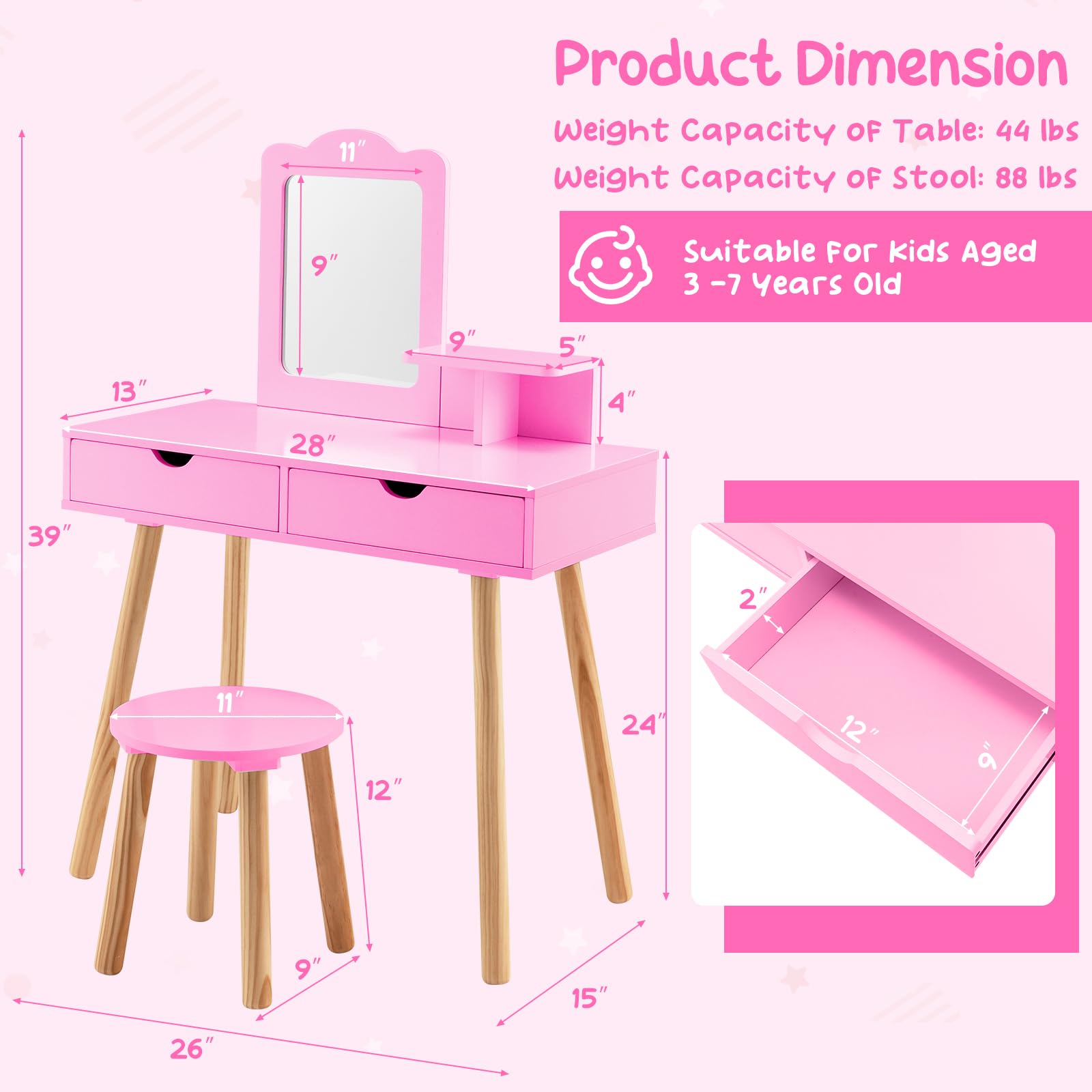 Olakids 2-in-1 Wooden Princess Vanity Set with Mirror & Storage - Kids Makeup Table & Chair, Toddler Dressing Desk Toy for Girls - Perfect for Pretend Play, Birthday Gifts & Bedroom Decor (Pink)