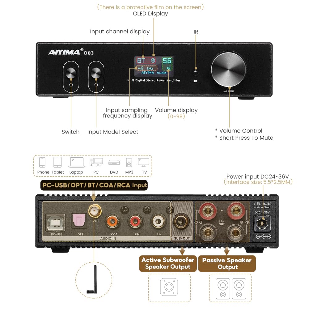 AIYIMA D03 Bluetooth 5.0 Stereo Amplifier - 150W x 2 HiFi Power Amp with DAC, 24Bit/192kHz, USB/Coaxial/Optical Inputs, OLED Display, AptX HD, Remote Control - Perfect for Home Theater, Music Studio & Subwoofer Systems
