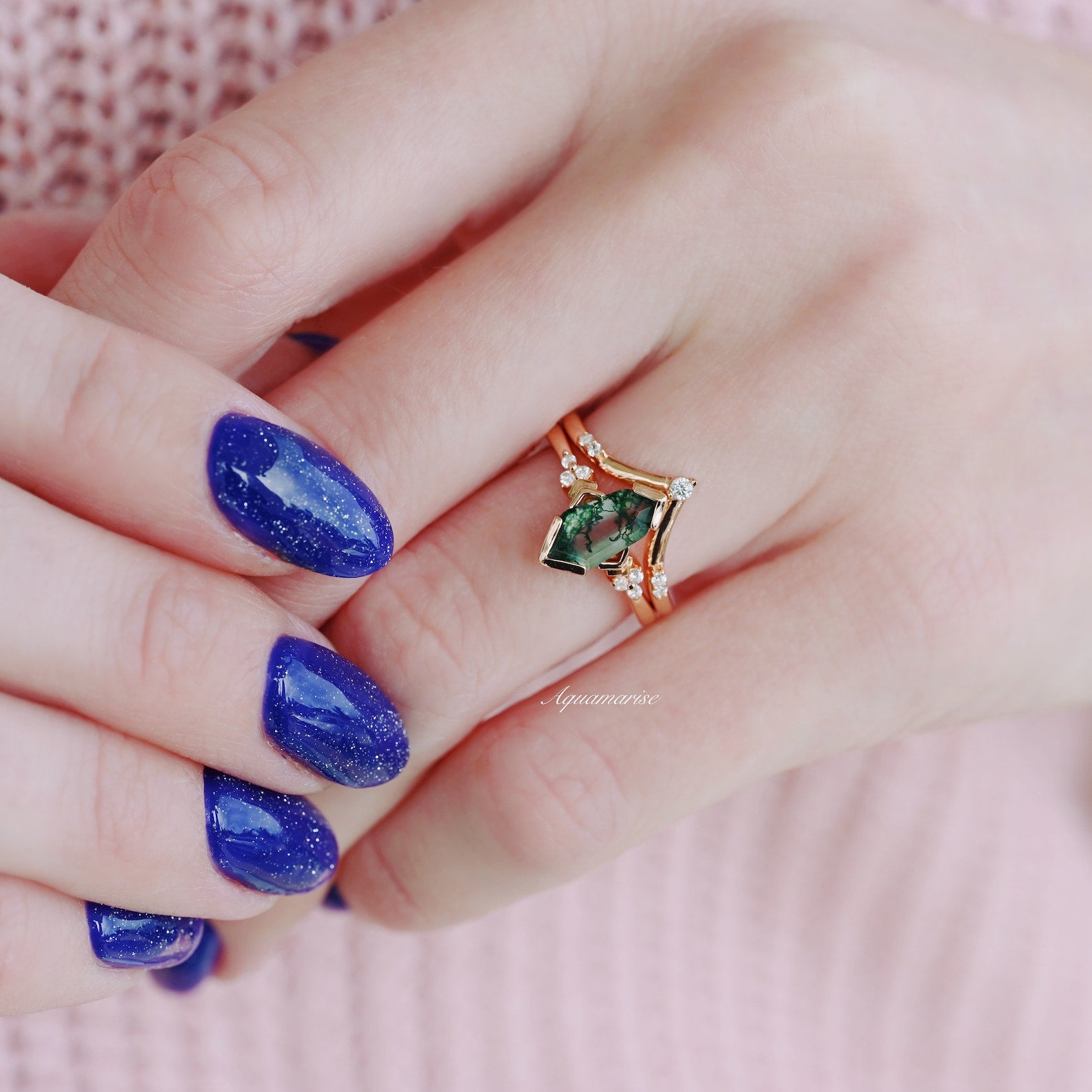 Green Moss Agate Ring Set - 14K Rose Gold Vermeil Stackable Rings for Women, Wedding, Anniversary, Birthday Gift | Boho Chic Jewelry for Everyday Wear & Special Occasions