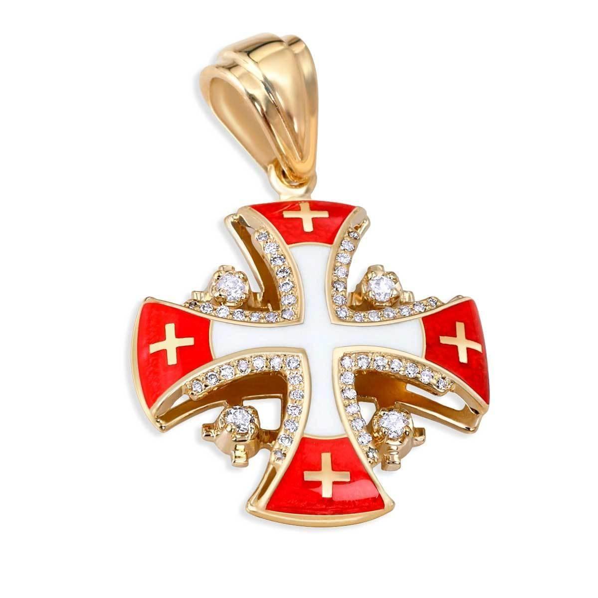 Anbinder 14K Gold Jerusalem Cross Pendant with 56 Genuine Diamonds & Red Enamel - Perfect for Religious Gifts, Anniversary Jewelry & Special Occasions