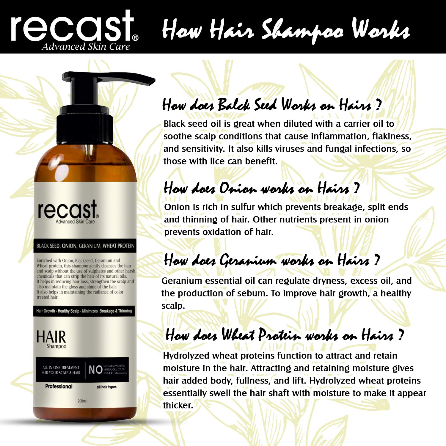 Recast Onion Black Seed Hair Shampoo 200ml - Hair Growth Treatment for Thinning Hair, Anti Hair Loss & Scalp Nourishment | Revitalizes Damaged Hair for Men & Women | Daily Use for Stronger, Healthier Hair