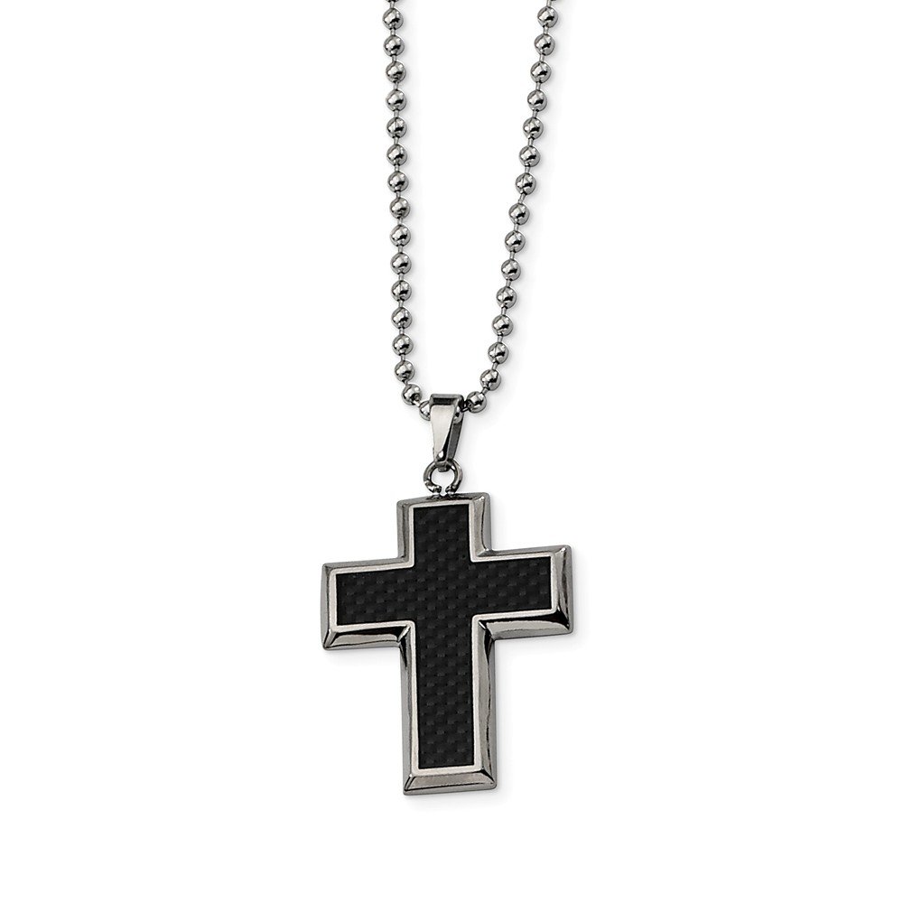 Solid Titanium Men's Black Carbon Fiber Inlay Cross Pendant Necklace - 22 Inch Chain for Everyday Wear & Special Occasions