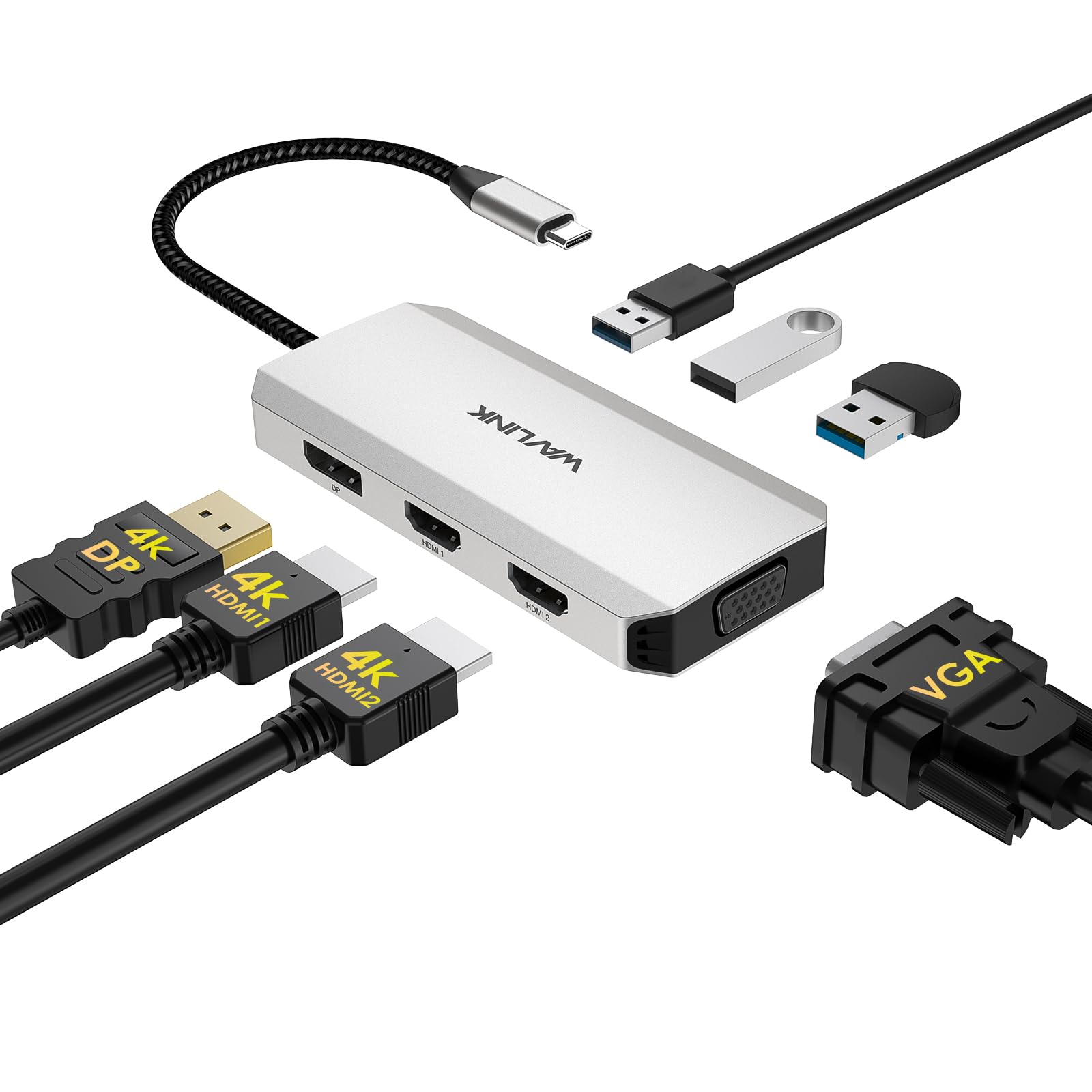 WAVLINK USB C Docking Station for MacBook Dell XPS 13/15, Lenovo Yoga, HP Laptops - Dual HDMI, DisplayPort, VGA, 3 USB 2.0 Ports - Silver | Perfect for Home Office, Remote Work & Multi-Monitor Setup
