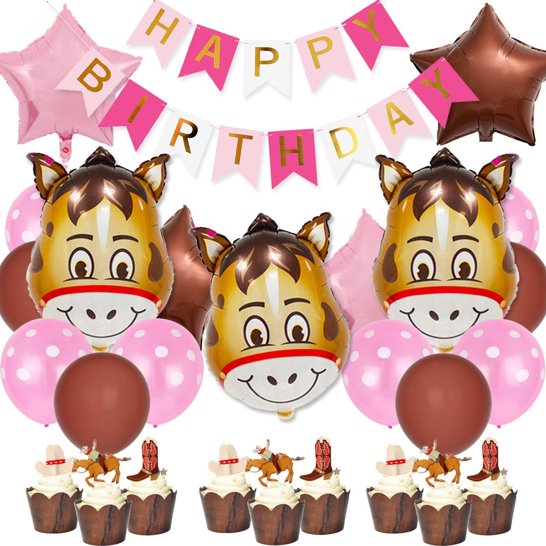Western Cowgirl Birthday Party Decorations - Happy Birthday Banner, Star & Donkey Balloons, Cake Topper - Perfect for Cowgirl Themed Parties, Baby Showers & Western Events