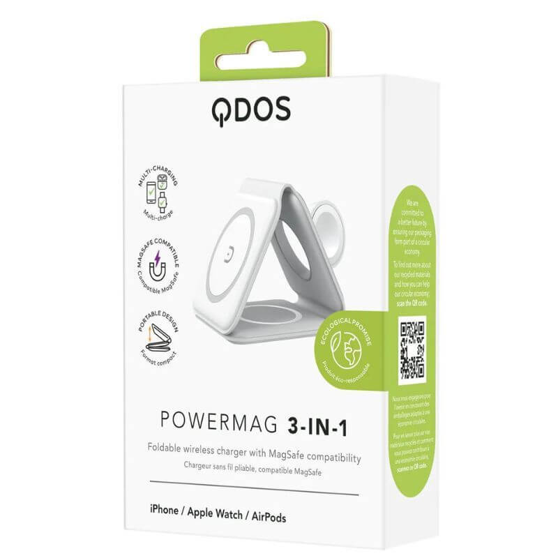 QDOS 3-in-1 Magnetic Wireless Charger Stand - Magsafe Compatible Fast Charging Station for iPhone 14/13/12, Apple Watch & AirPods - Perfect for Home, Office & Nightstand Charging