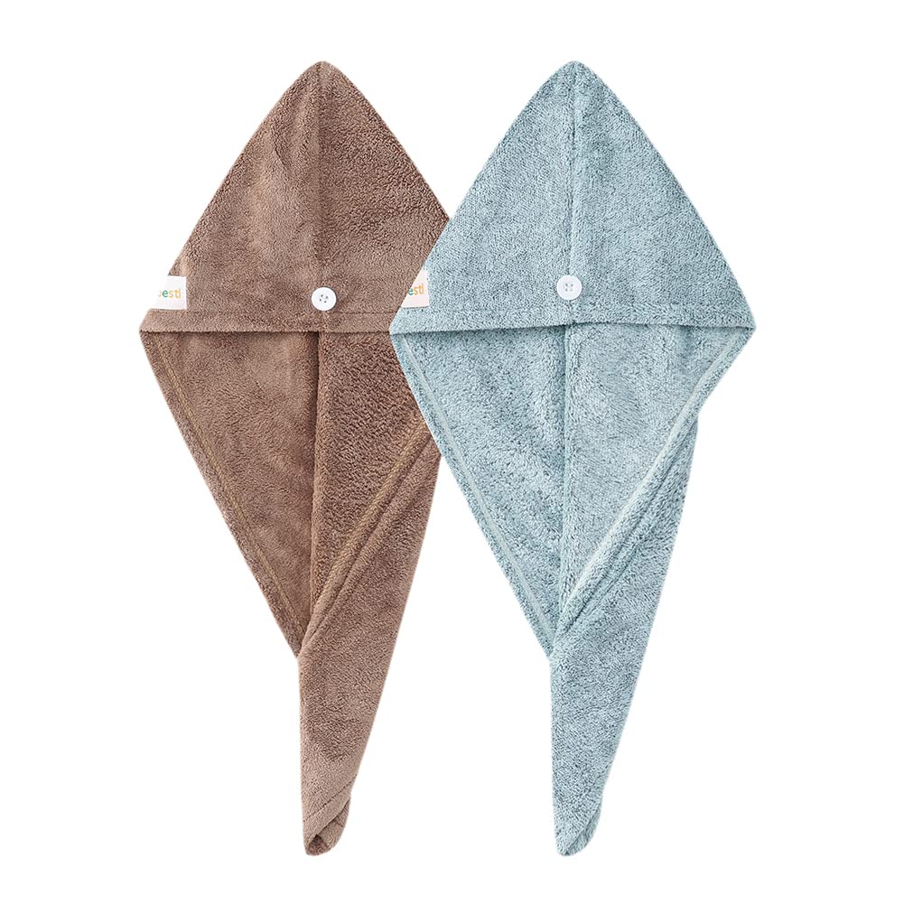 2 Pack Super Absorbent Microfiber Hair Drying Towels - Hair Wrap Turban with Button for Fast Drying (Star Green & Camel) | Perfect for Post-Shower, Salon, Travel & Home Hair Care