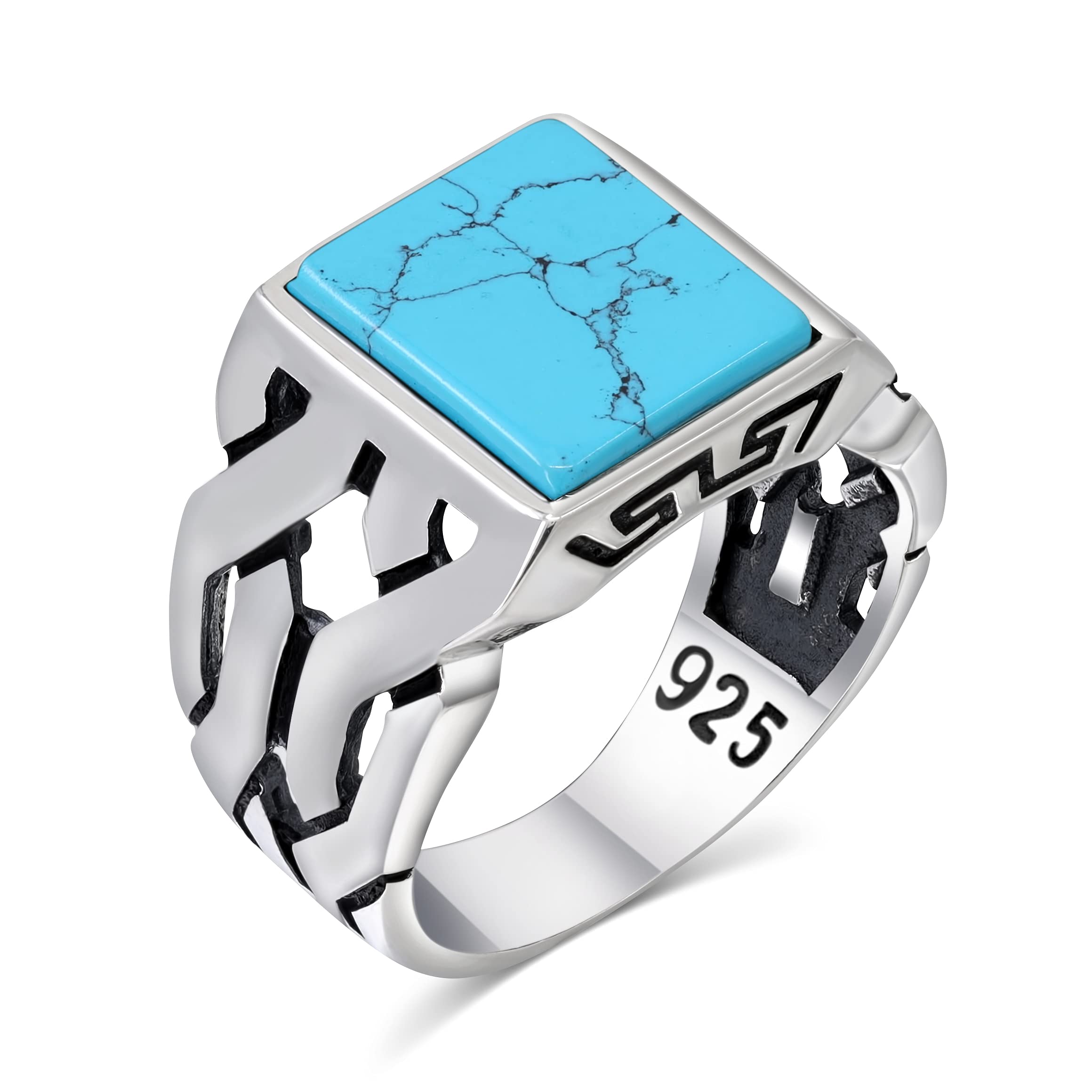 Handmade Sterling Silver Men's Rings with Turquoise Stone - Cuban Link Chain Design Jewelry for Men | Perfect for Gifts, Weddings & Everyday Wear
