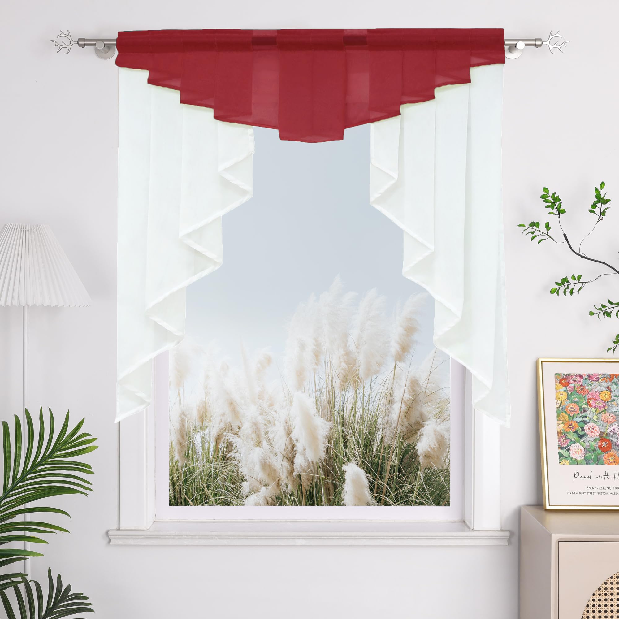 Berry Voile Window Valance Rod Pocket Swag Curtain - 31x31 Inch Pleated Roman Shade for Kitchen & Living Room - Light Filtering Sheer Panel for Windows & Doors