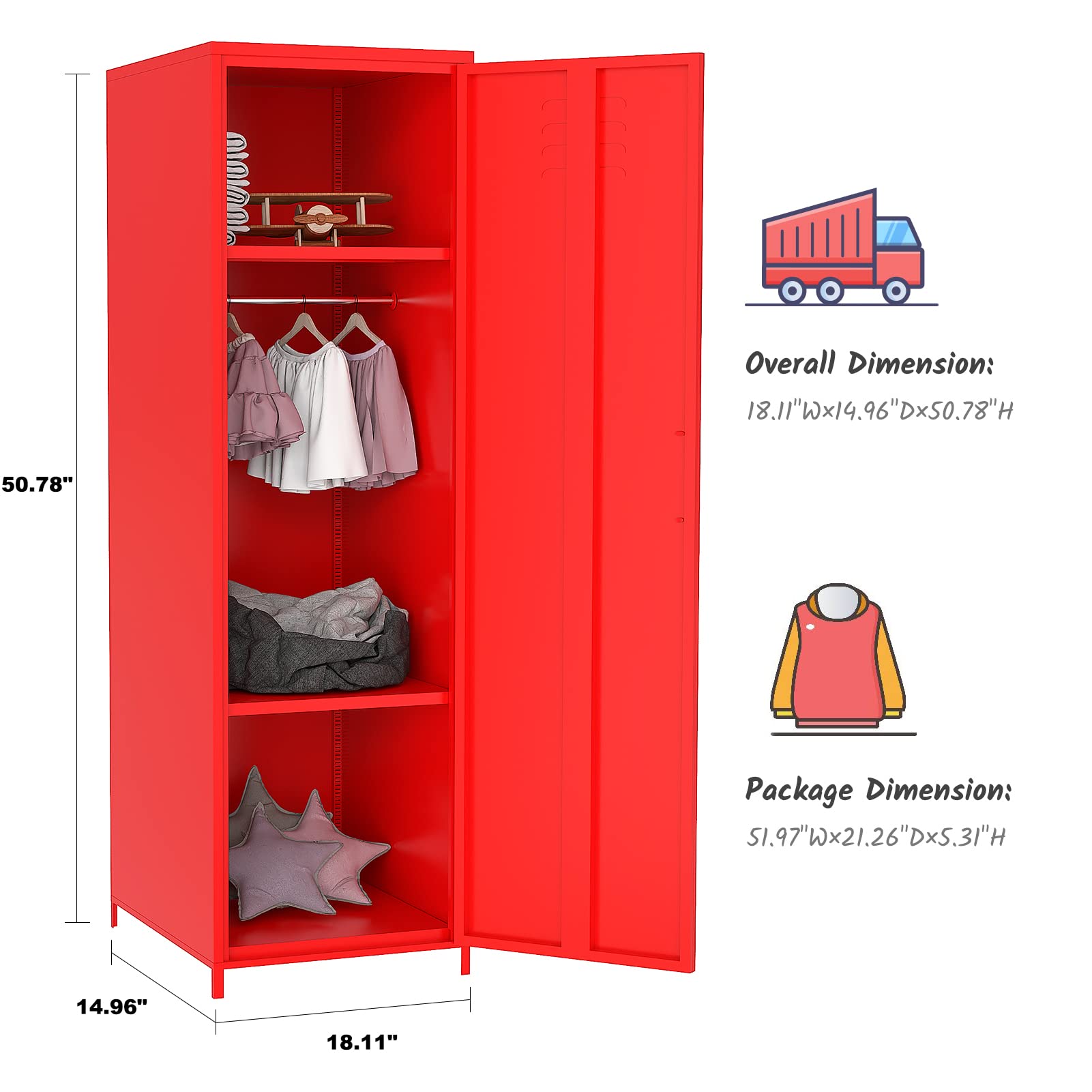 Steel Locker Cabinet - Single Door Metal Storage Locker with Hanging Rod & Shelves for Bedroom, School, Classroom | Organize Toys, Clothes & Essentials in Style (Red)