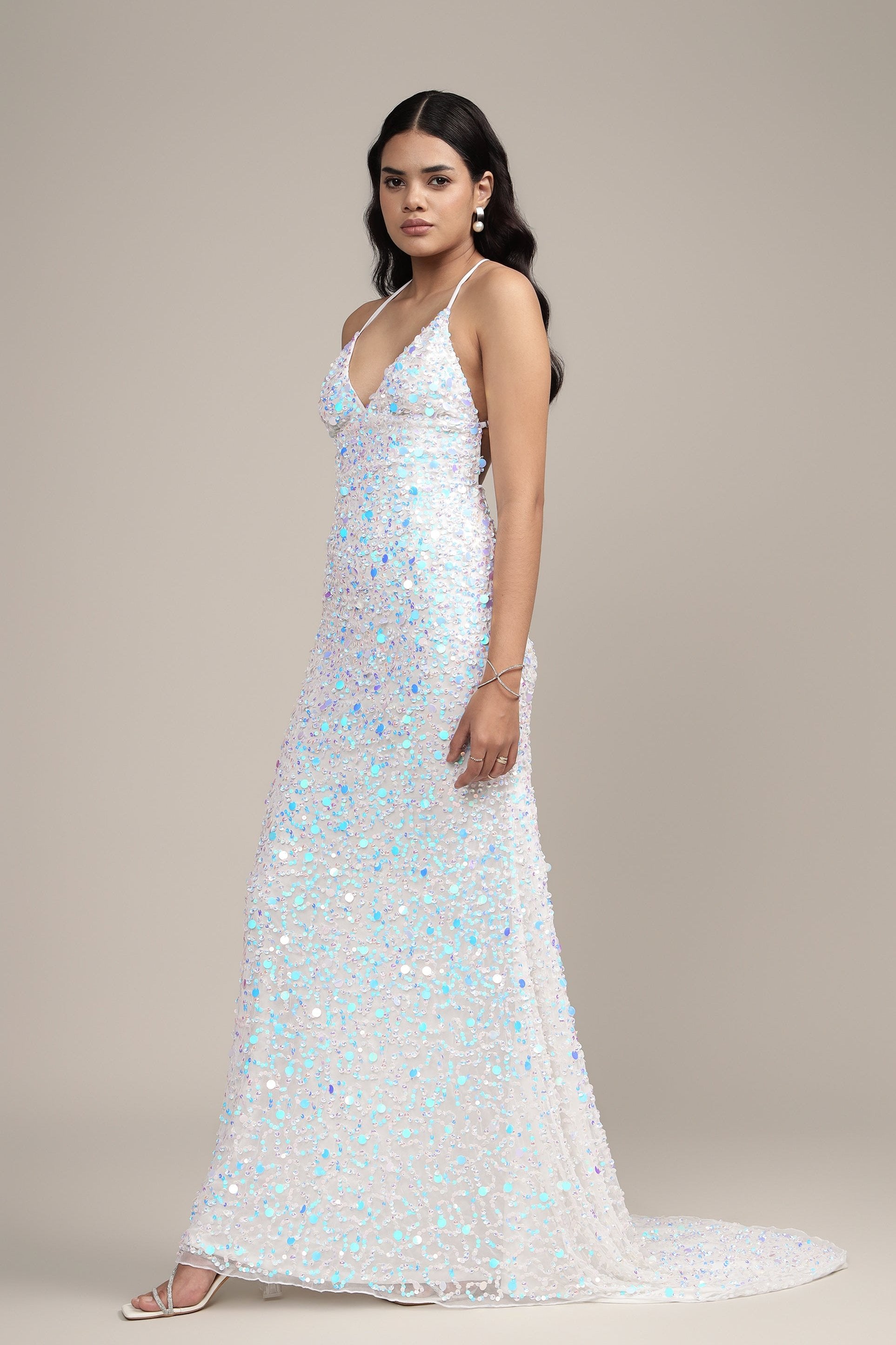 Alchemila Embellished Maxi Dress in Iridescent White - Elegant Long Formal Evening Gown for Weddings, Prom & Special Occasions