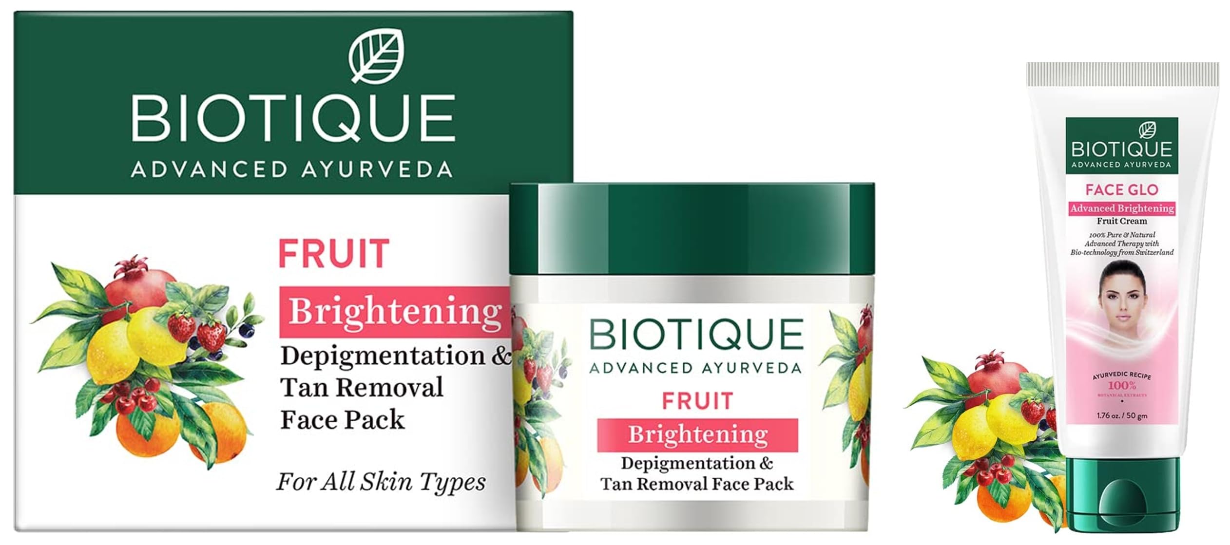 Biotique Bio Fruit Whitening Face Pack & Bio White Fairness Cream Set - 75g + 50g | Brightening, Depigmentation & Tan Removal | For Glowing Skin at Home & Spa