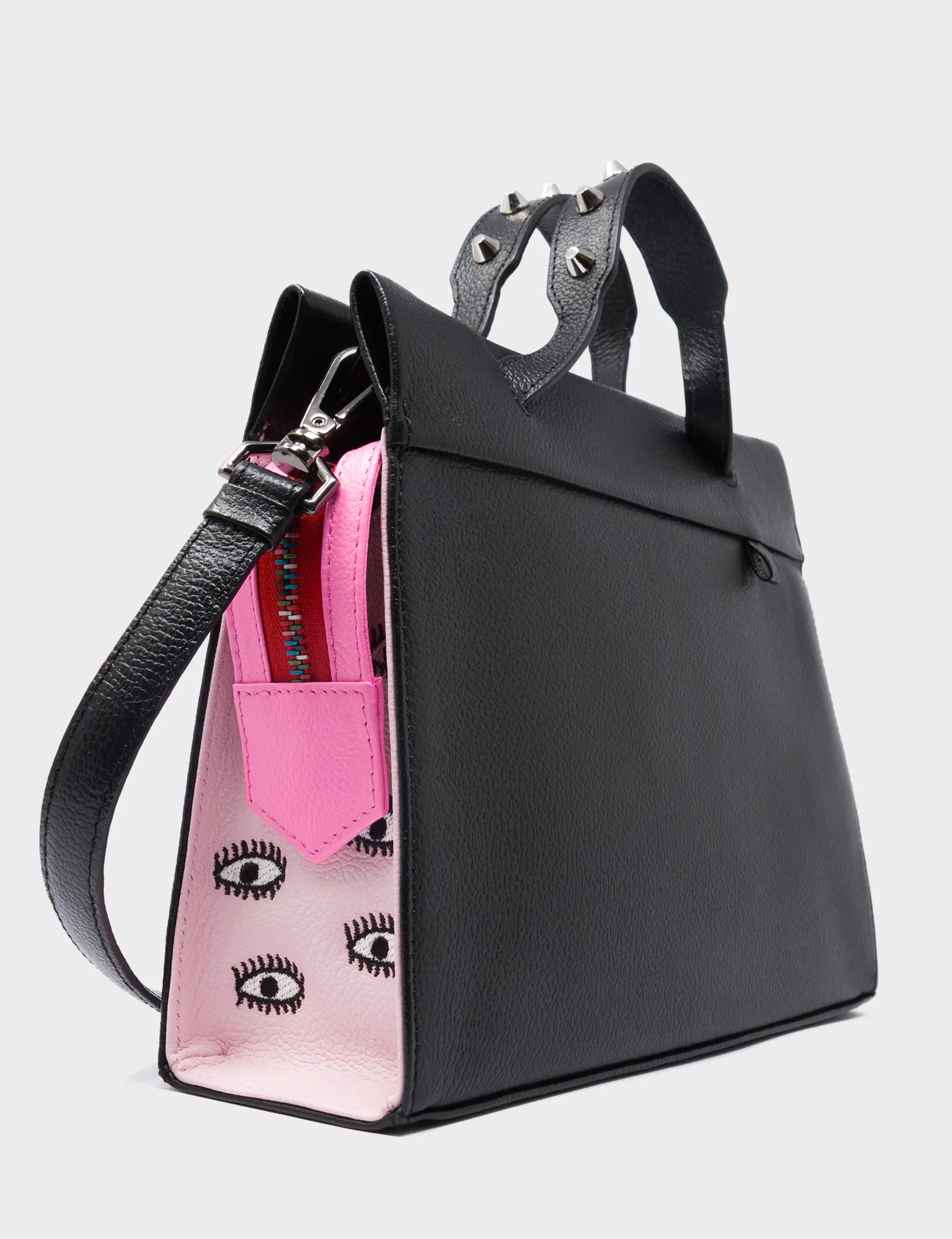 Vali Crossbody Small Leather Bag - Parfait Pink & Black with All Over Eyes Embroidery | Fashionable Women's Purse for Daily Use, Travel & Date Night