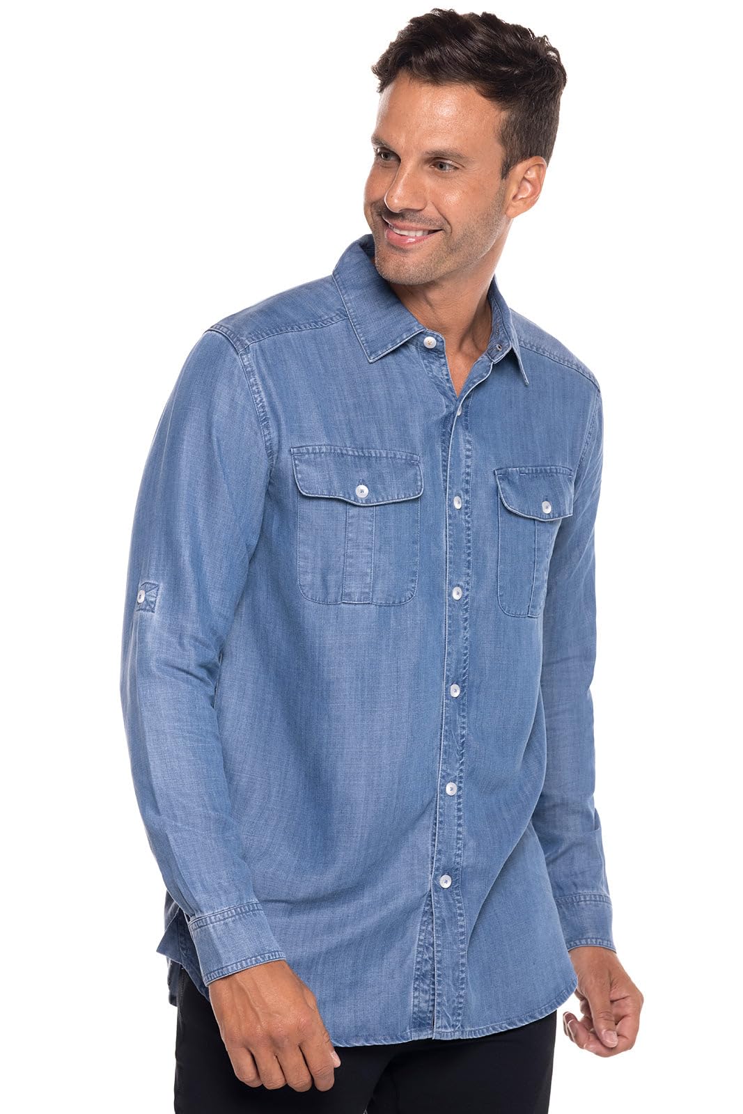 Coolibar UPF 50+ Sun Protective Men's Long Sleeve Chambray Shirt - Lightweight UV Protection Shirt for Outdoor Activities, Hiking, Fishing & Travel