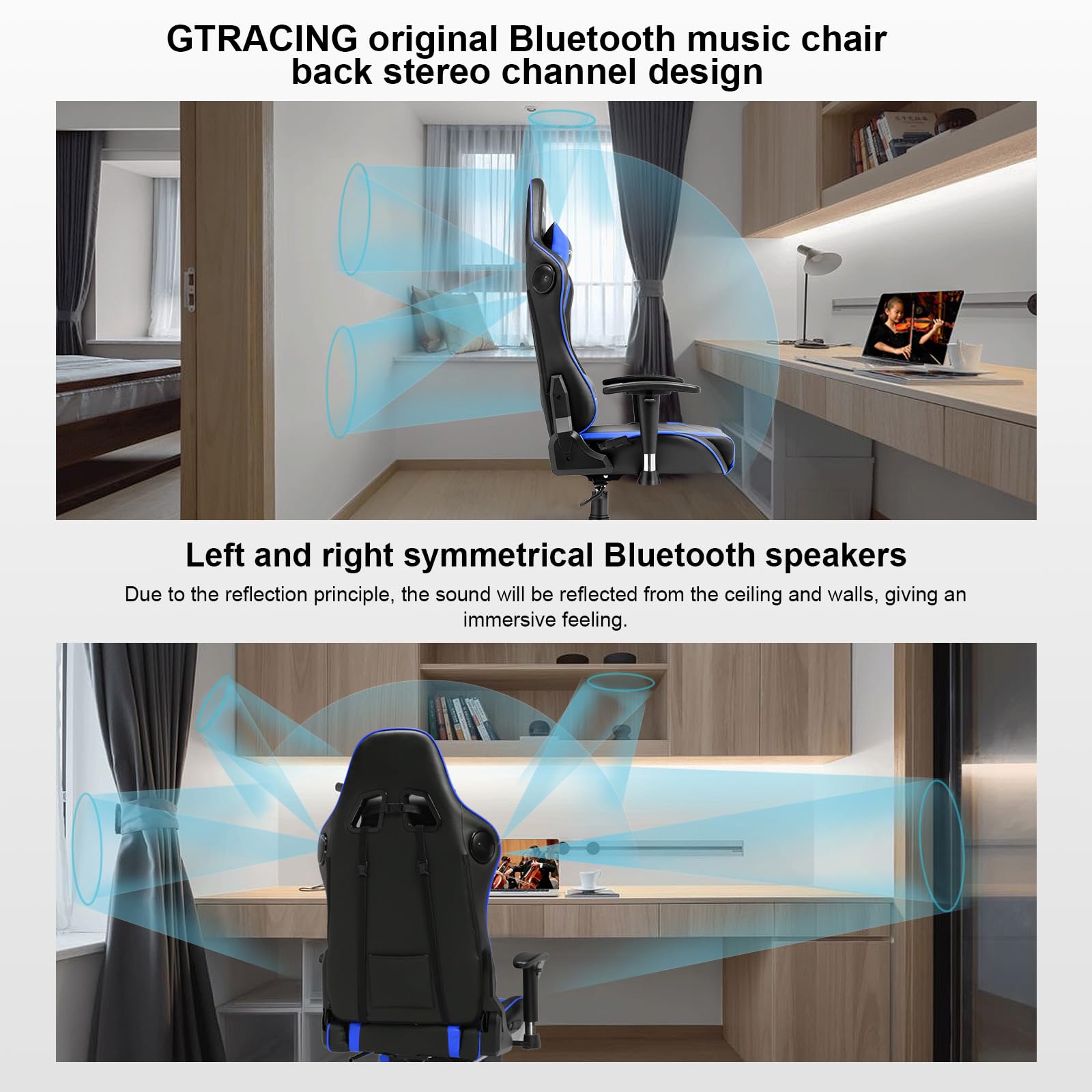 GTRACING Bluetooth Gaming Chair with Built-in Speakers - Ergonomic Video Game & Office Computer Desk Chair - Heavy Duty Design (Blue) - Perfect for Gaming, Streaming & Home Office Work
