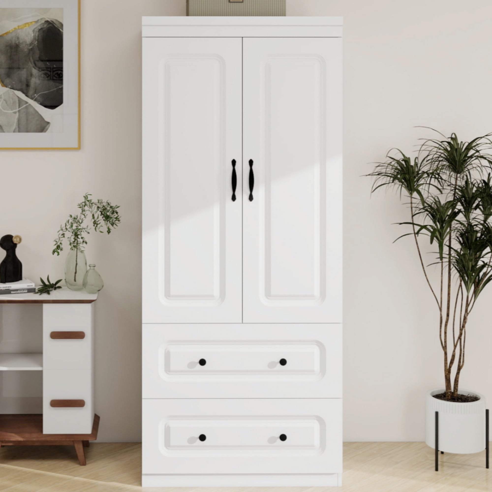 White Wardrobe Closet with 2 Doors & 2 Drawers - Freestanding Storage Cabinet with Hanging Rod for Clothes, Bedroom & Closet Organization | Perfect for Apartments, Dorms & Small Spaces