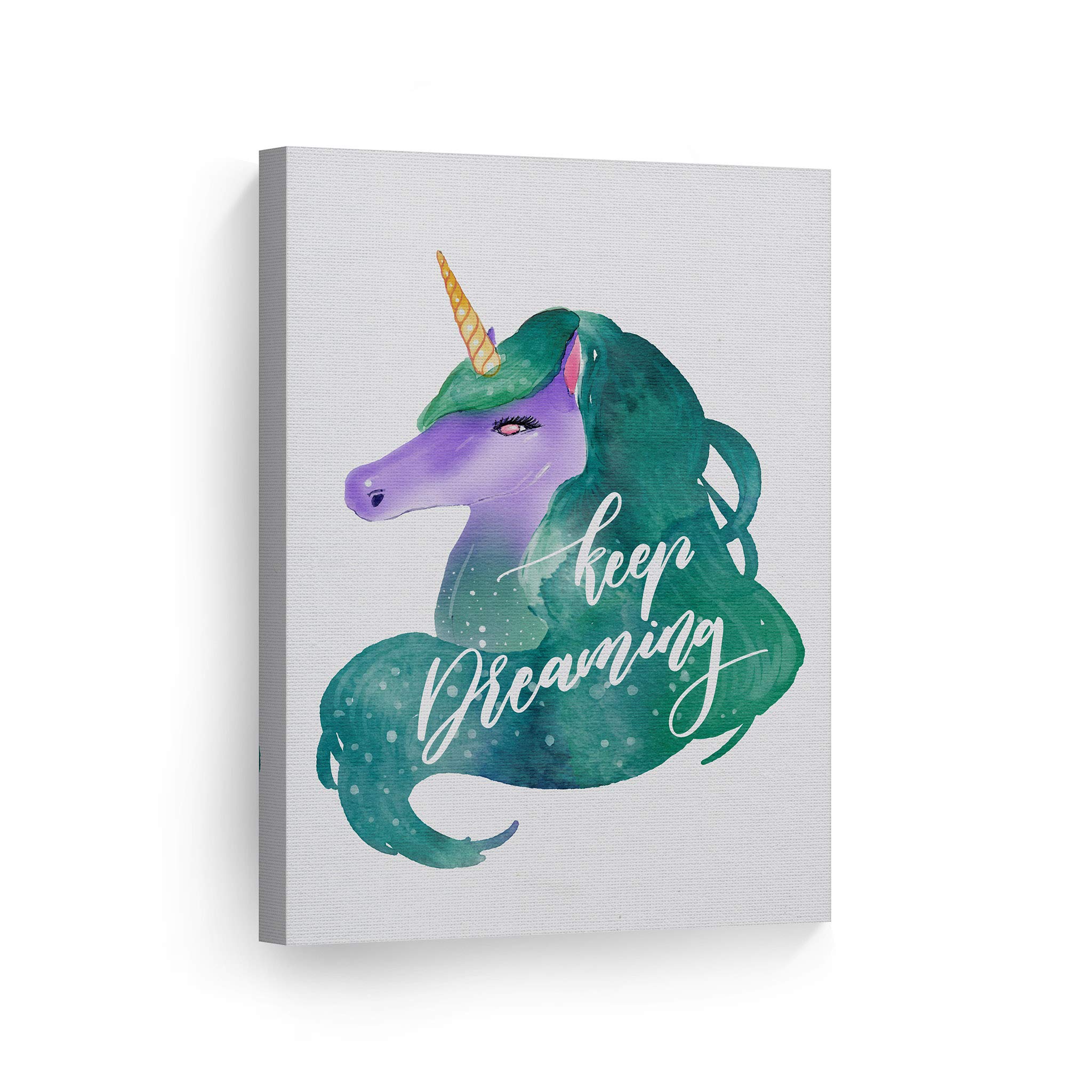 Keep Dreaming Unicorn Watercolor Canvas Print - Inspirational Wall Art for Kids Room, Nursery & Baby Room Decor - Ready to Hang 12x8 Inch Made in USA | Perfect for Birthday Gifts & Bedroom Decoration