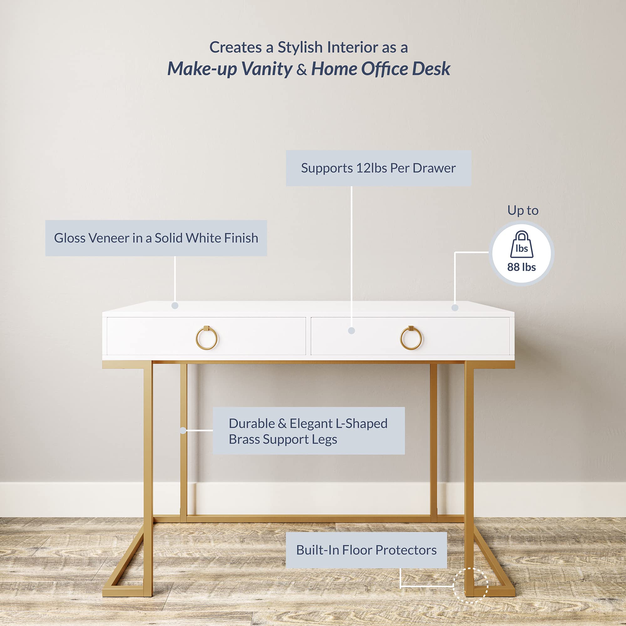 BELLEZE 45 Inch Modern Vanity Desk with 2 Drawers - Gold Metal Frame White Computer Desk for Home Office, Makeup Dressing & Study Writing Table | Perfect for Small Spaces, Bedroom & Apartment Workspace