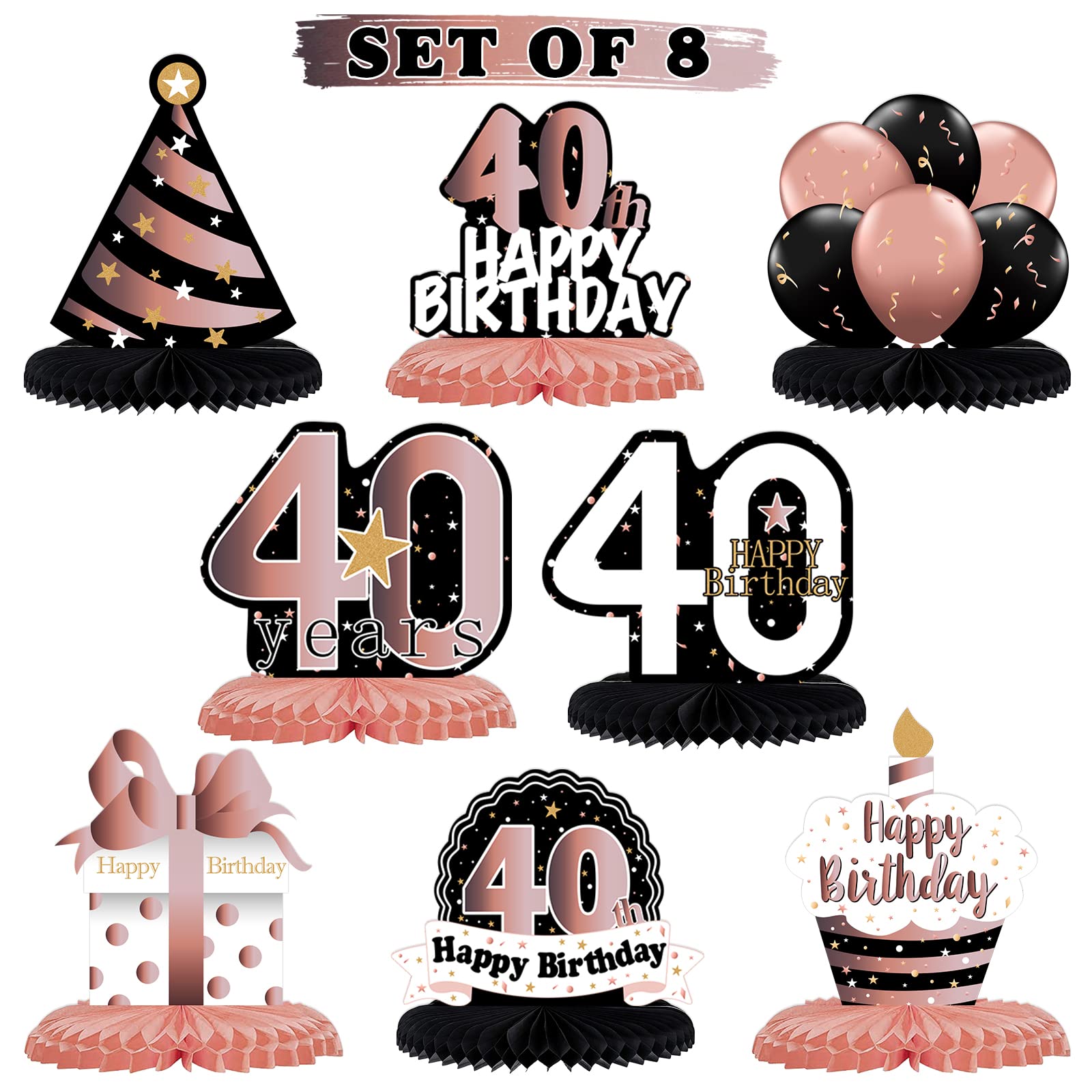 Rose Gold 40th Birthday Honeycomb Centerpieces - Cheers to 40 Years Party Decorations, Table Sign Gift for Women & Men - Perfect for Anniversary Celebrations, Milestone Parties & Home Decor