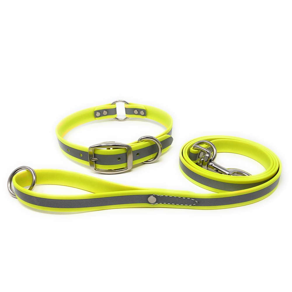 Premium Reflective Dog Collar and Leash Set - Waterproof Biothane Medium Yellow Dog Collar with Heavy Duty D Ring & 5ft Training Leash - Adjustable for Small, Medium & Large Dogs - Perfect for Night Walks, Jogging & Outdoor Adventures
