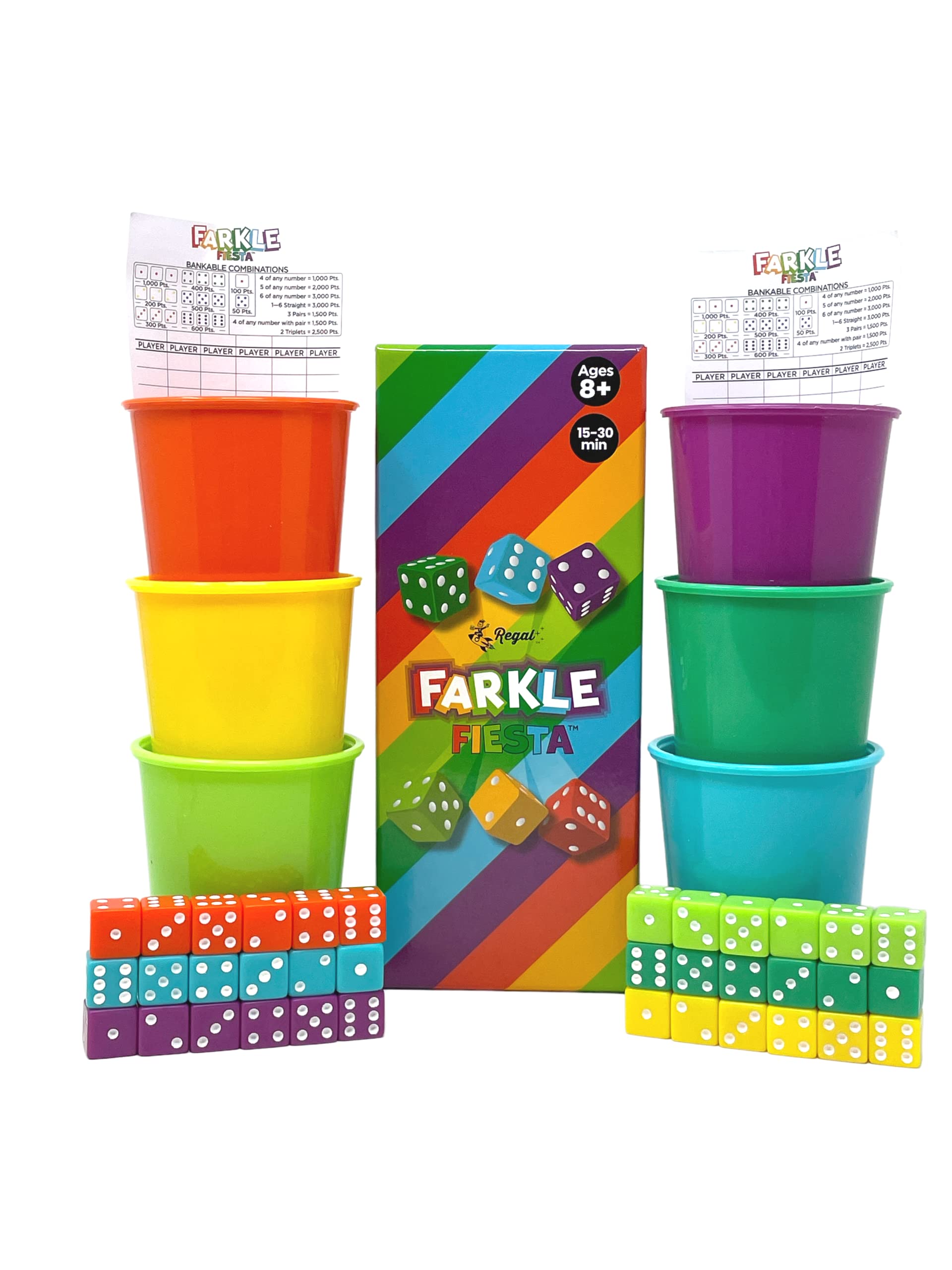 Regal Games - Farkle Fiesta Classic Dice Game Set with 6 Colored Dice, 6 Dice Cups & 20 Score Sheets - Fun Family Board Game for 2-4 Players Ages 8+ - Perfect for Travel, Camping, Parties & Game Nights