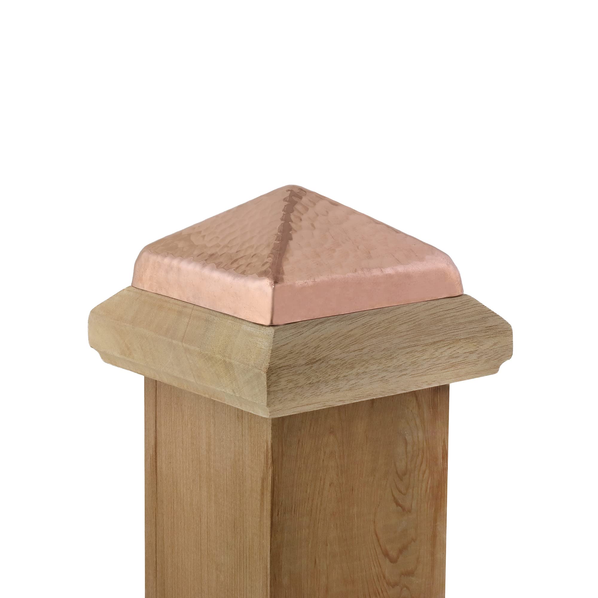 4x4 Traditional Flat Wood Post Caps with Hammered Copper Pyramid (3-Pack) - One-Piece Miterless Design for Fence & Deck Protection (3.5 Inch) - Weatherproof Outdoor Post Toppers for Porch, Garden & Patio Decor