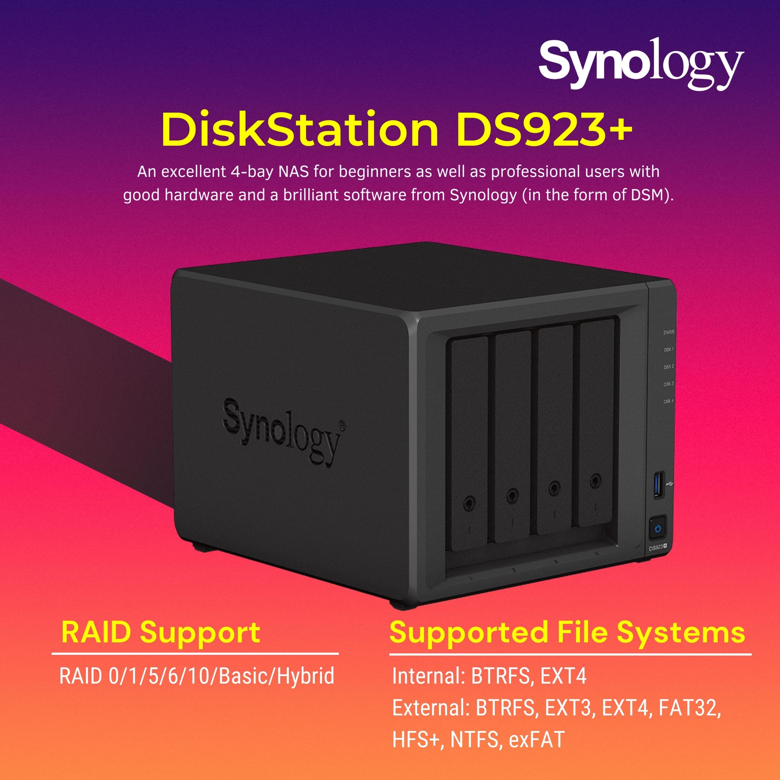 Synology DiskStation DS923+ 4-Bay NAS Server with AMD Ryzen R1600 (2-Core, 3.1GHz) | 32GB DDR4 RAM & 2TB M.2 NVMe SSD | High-Performance Network Attached Storage for Home & Business Data Backup, Media Streaming & Cloud Sync