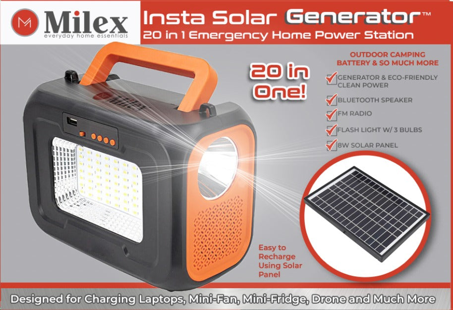 MILEX Insta Solar Generator - Portable Power Station for Camping, Emergencies & Off-Grid Living - 1000W Solar Powered Generator with AC Outlets & USB Ports