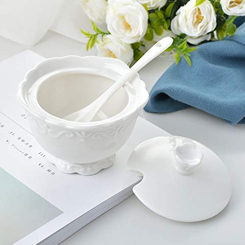 White Ceramic Sugar Bowl with Lid and Spoon - Elegant Kitchen Storage for Coffee, Tea, Sugar & Spices - Perfect for Dining Table, Coffee Station & Home Decor