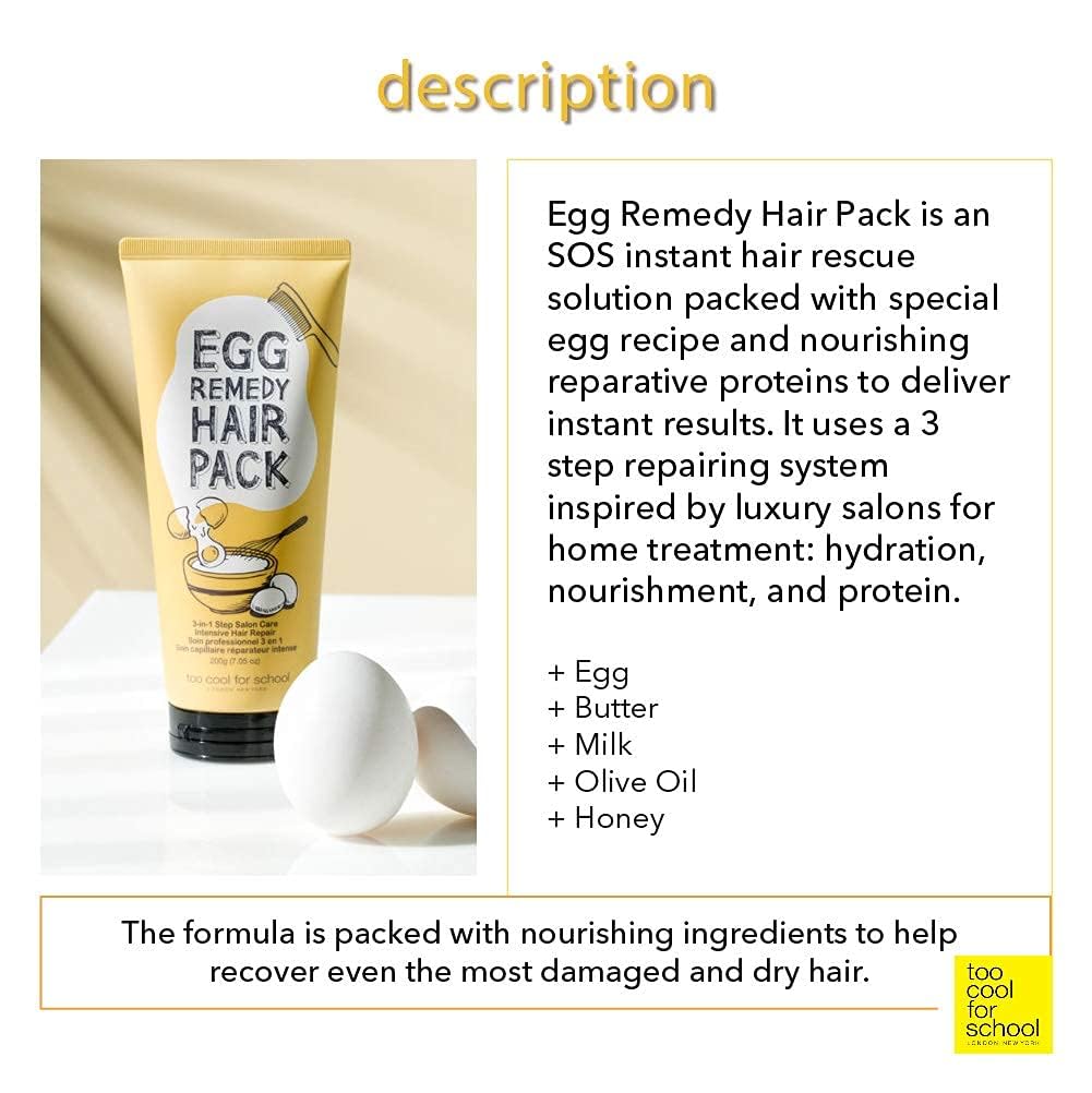 Too Cool For School Egg Remedy Hair Pack - 7.05 oz Deep Conditioning Treatment for Damaged Hair | Repair & Nourish Dry, Frizzy Hair - Perfect for Home Hair Care & Salon-Quality Results