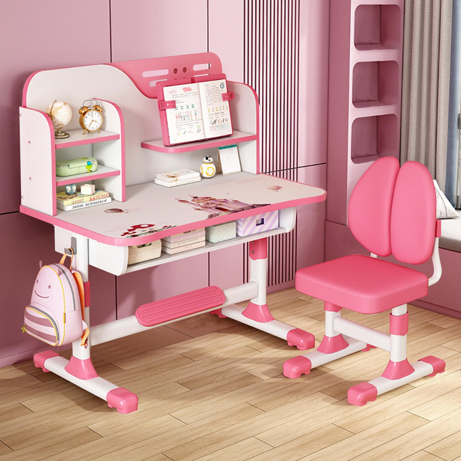 Adjustable Kids Desk and Chair Set - Ergonomic Study Table with Writing Board, Bookshelf & Drawer - Height Adjustable Children's School Desk Chair for Homework & Reading (Pink) - Perfect for Bedroom, Homeschool & Learning Spaces