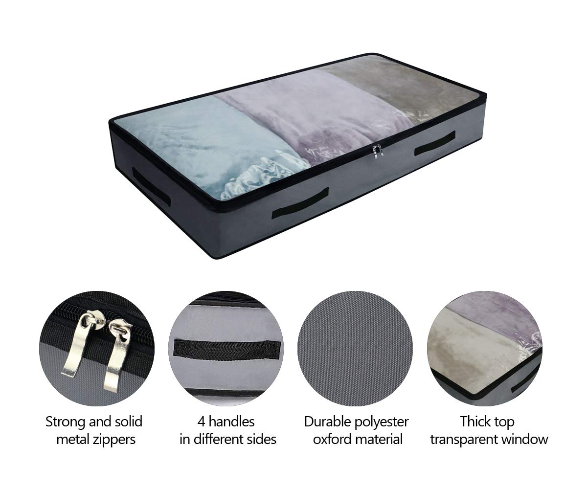 AMJ 3-Pack Underbed Storage Bags with Transparent Zip Lid - Foldable Space-Saving Organizers for Clothes, Blankets & Seasonal Items - Dark Gray Under-Bed Storage Containers for Bedroom, Dorm & Small Spaces