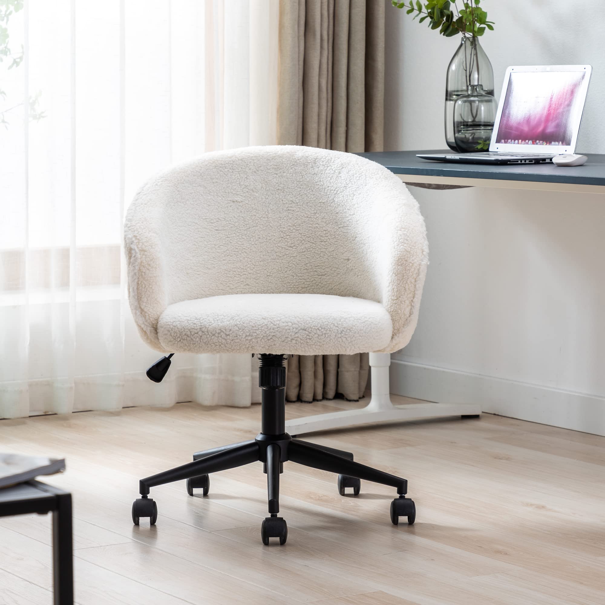 Fluffy Faux Fur Vanity Chair - Adjustable Swivel Makeup Chair with Padded Seat, Mid-Back Office Chair for Women & Teen Girls, Soft Upholstered Desk Chair for Bedroom, Home Office or Dressing Room (White) - Perfect for Makeup Vanity, Gaming Setup & Cozy Workspace