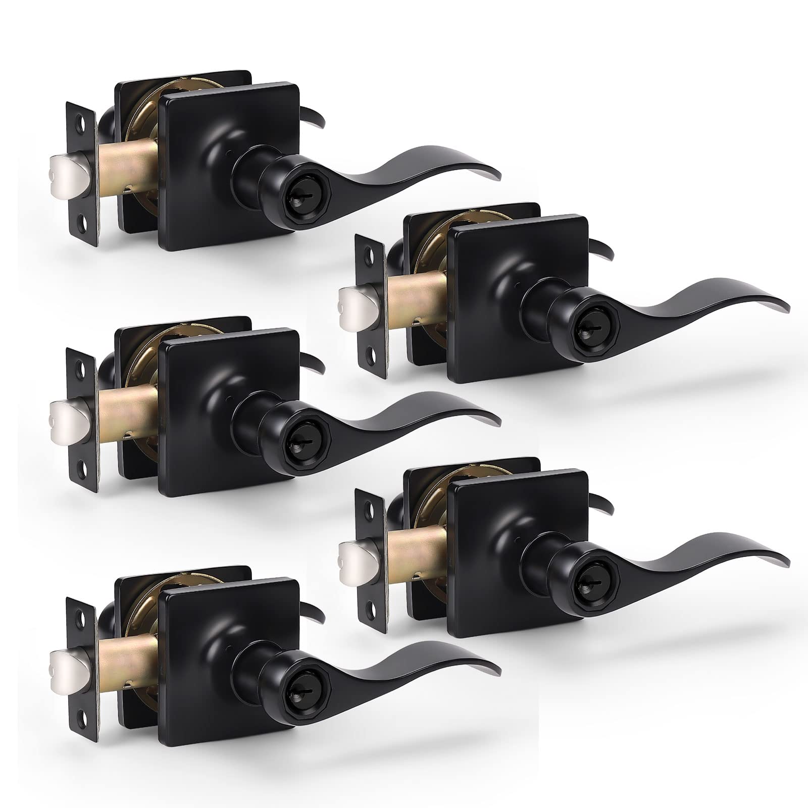 KNOBWELL Matte Black Door Handle Lock Set - 5 Pack for Interior/Exterior Doors
