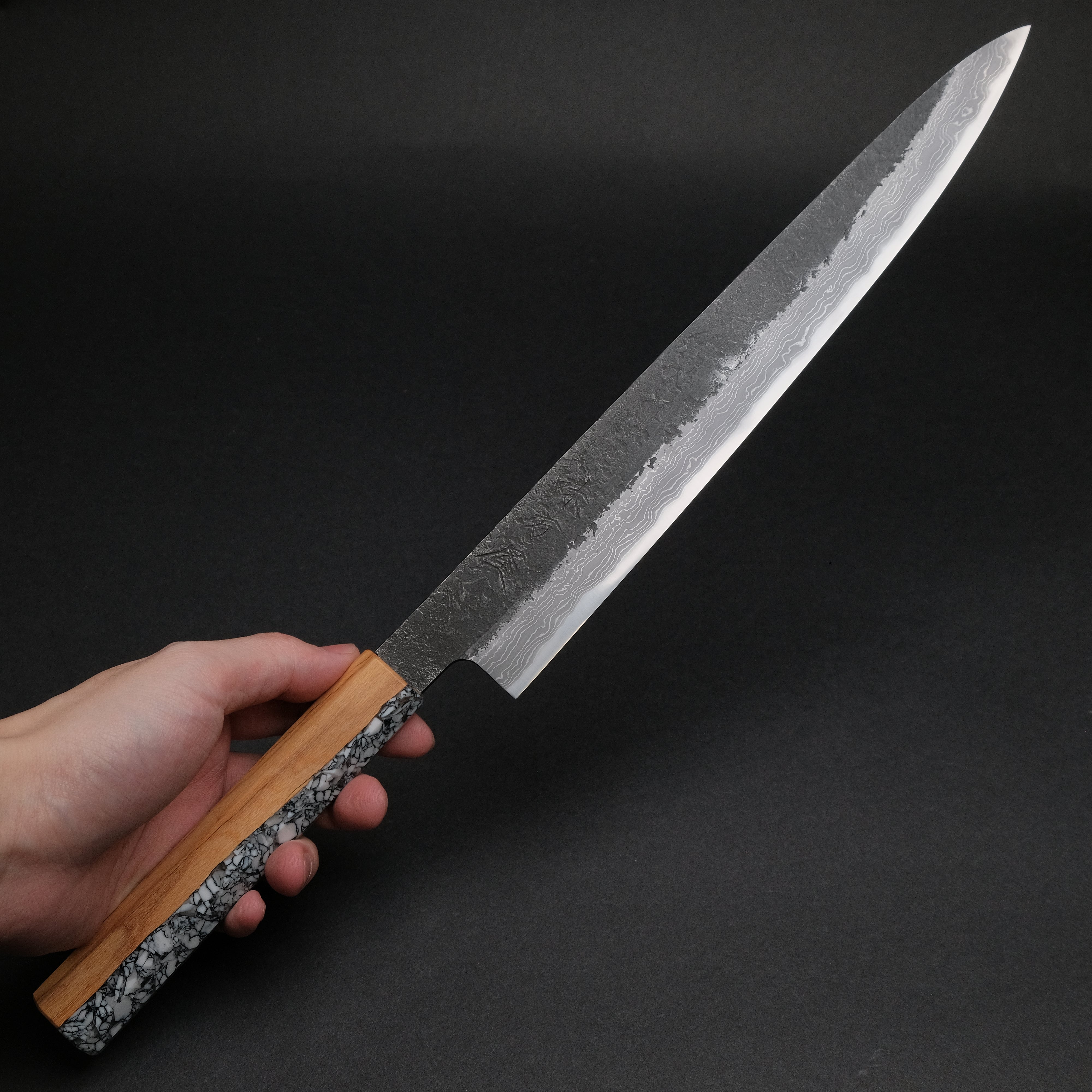 Premium Ajikataya White #2 Nashiji Damascus Sujihiki 270mm Japanese Chef Knife with Olive Wood TQRV Handle - Perfect for Slicing Sashimi, Roasts & Precision Cutting in Professional Kitchens