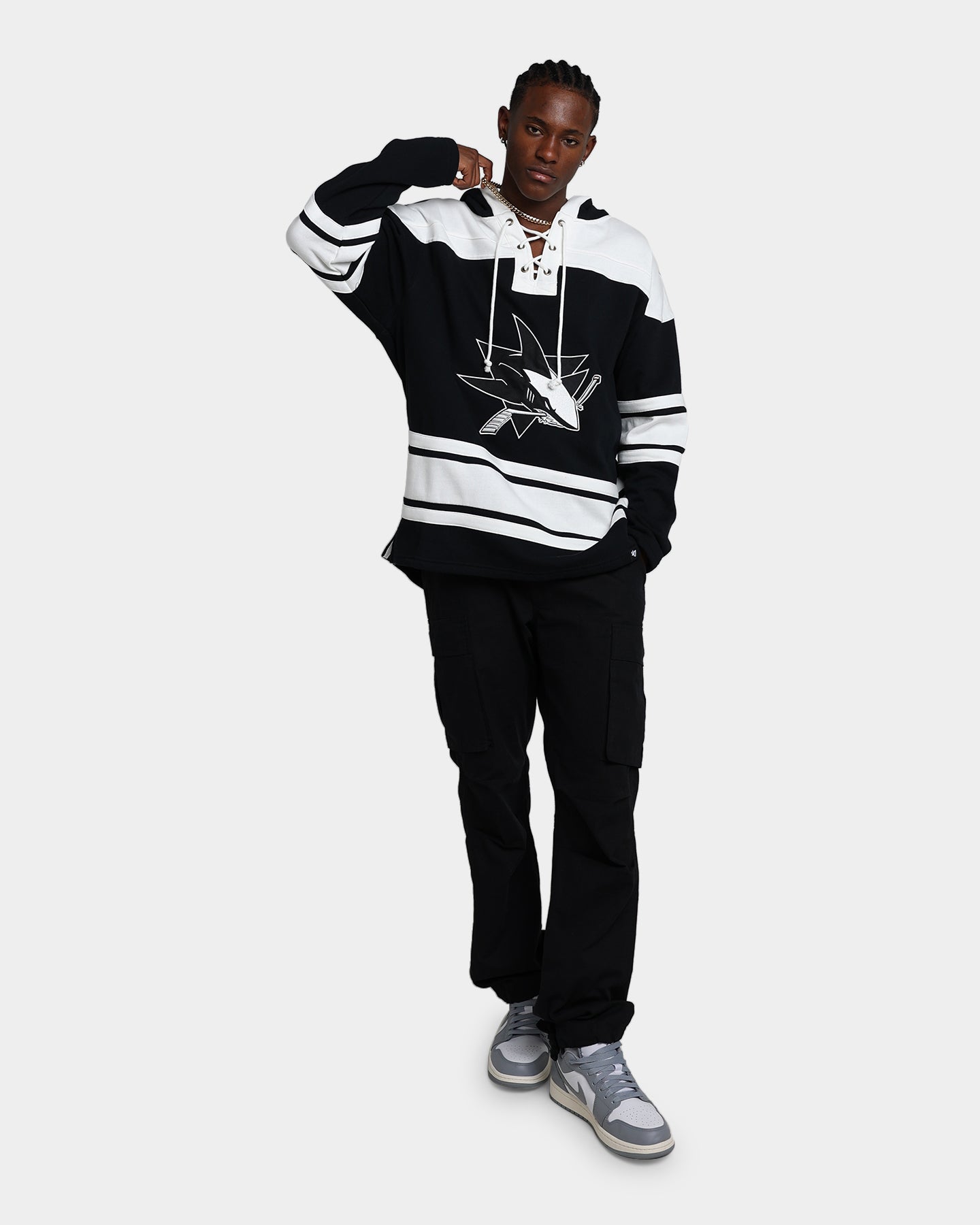 47 Brand San Jose Sharks Superior Lacer Hoodie - Men's NHL Hockey Team Pullover Sweatshirt - Jet Black - Perfect for Game Day & Casual Wear