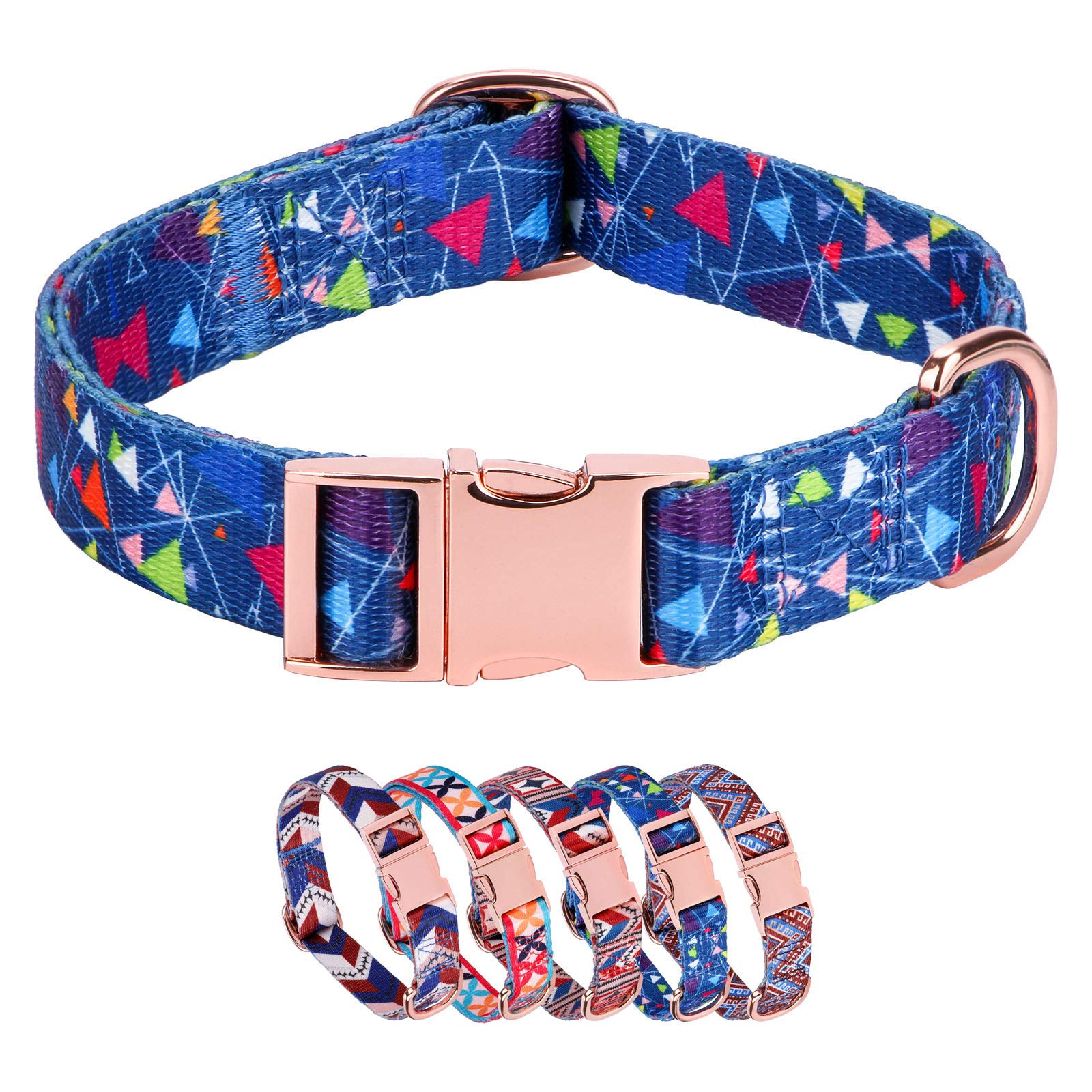 Premium Rhea Rose Adjustable Dog Collar with Metal Clasp & Rose Gold Buckle - Heavy Duty Pet Collar for Dogs & Cats (Blue) - Perfect for Walks, Training & Everyday Use