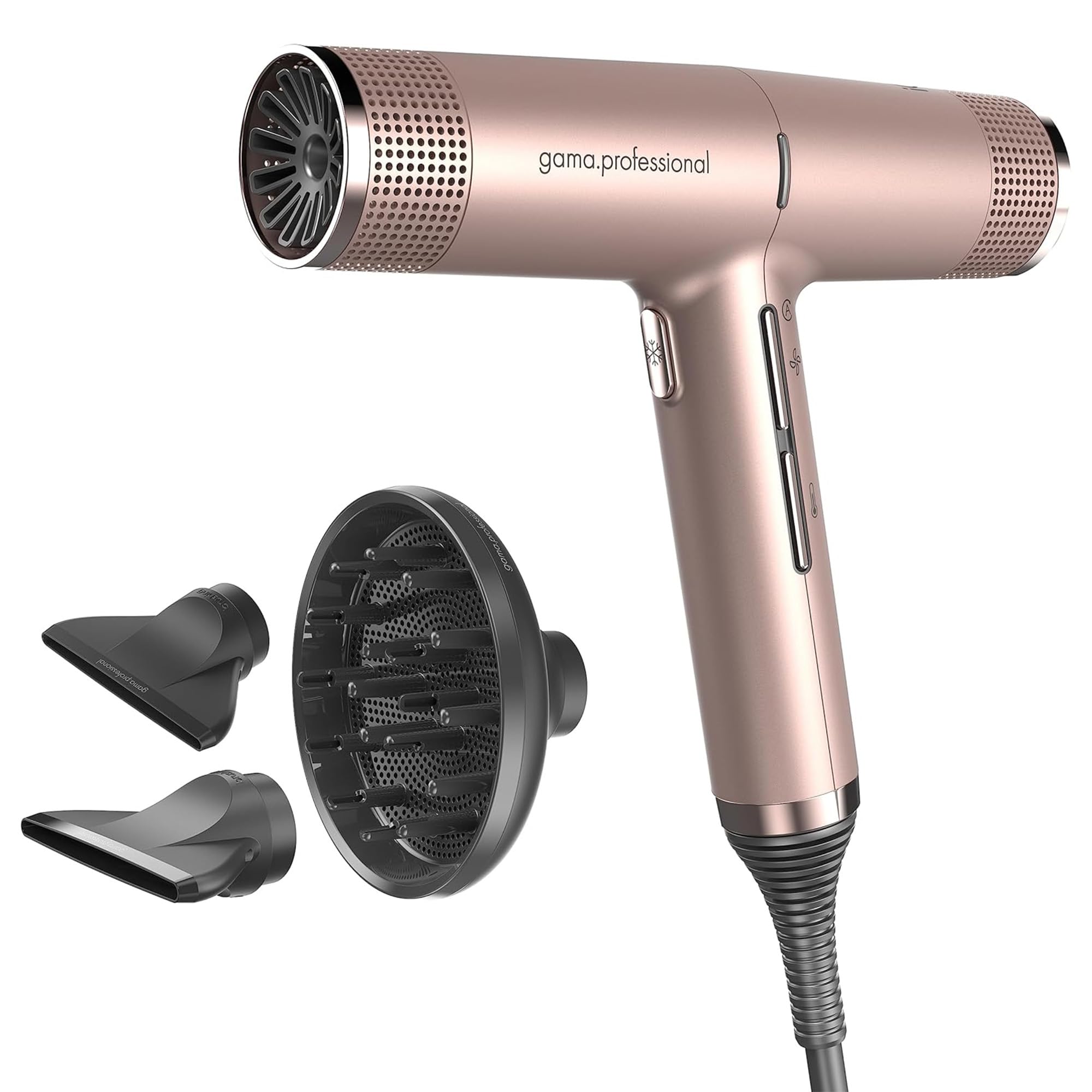 GA.MA Italy Professional iQ Perfect Hair Dryer - Ultra Lightweight with Brushless Smart Motor, Oxy-Active Technology for Shiny Hair, 1600W Power, Gold Rose - Perfect for Salon, Home & Travel Use