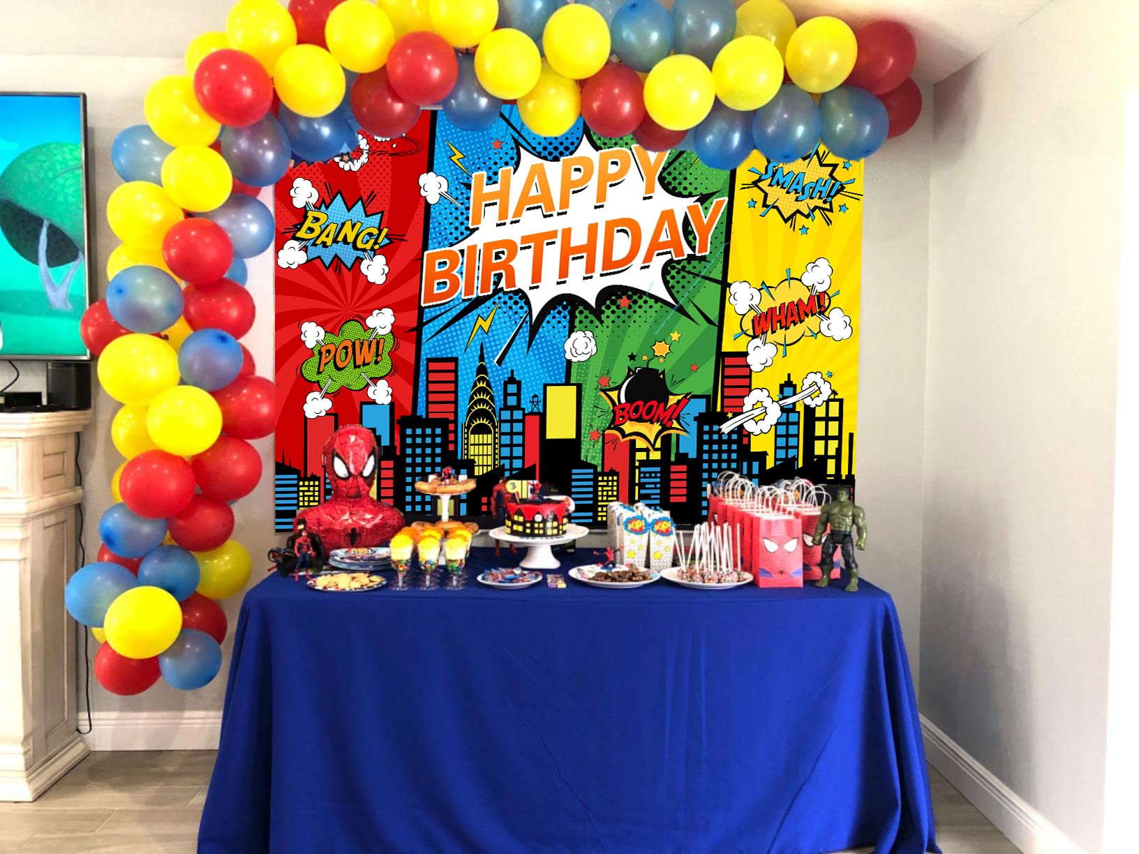 Superhero Cityscape Backdrop - 7x5ft Comic Style Background for Birthday Parties, Baby Showers, Cake Tables & Photo Booths | Perfect for Superhero-Themed Events, Kids' Celebrations & Comic Book Decorations