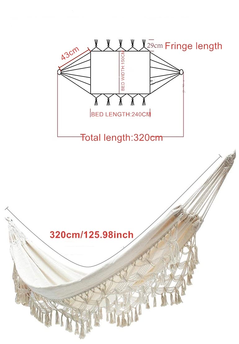 Premium Cotton Double Hammock for 2 Persons - 480lbs Capacity, Handmade with Macrame Fringe & Boho Tassels - Perfect for Outdoor Relaxation in Garden, Backyard, Beach, Patio or Balcony | Ideal for Camping, Picnics and Summer Lounging