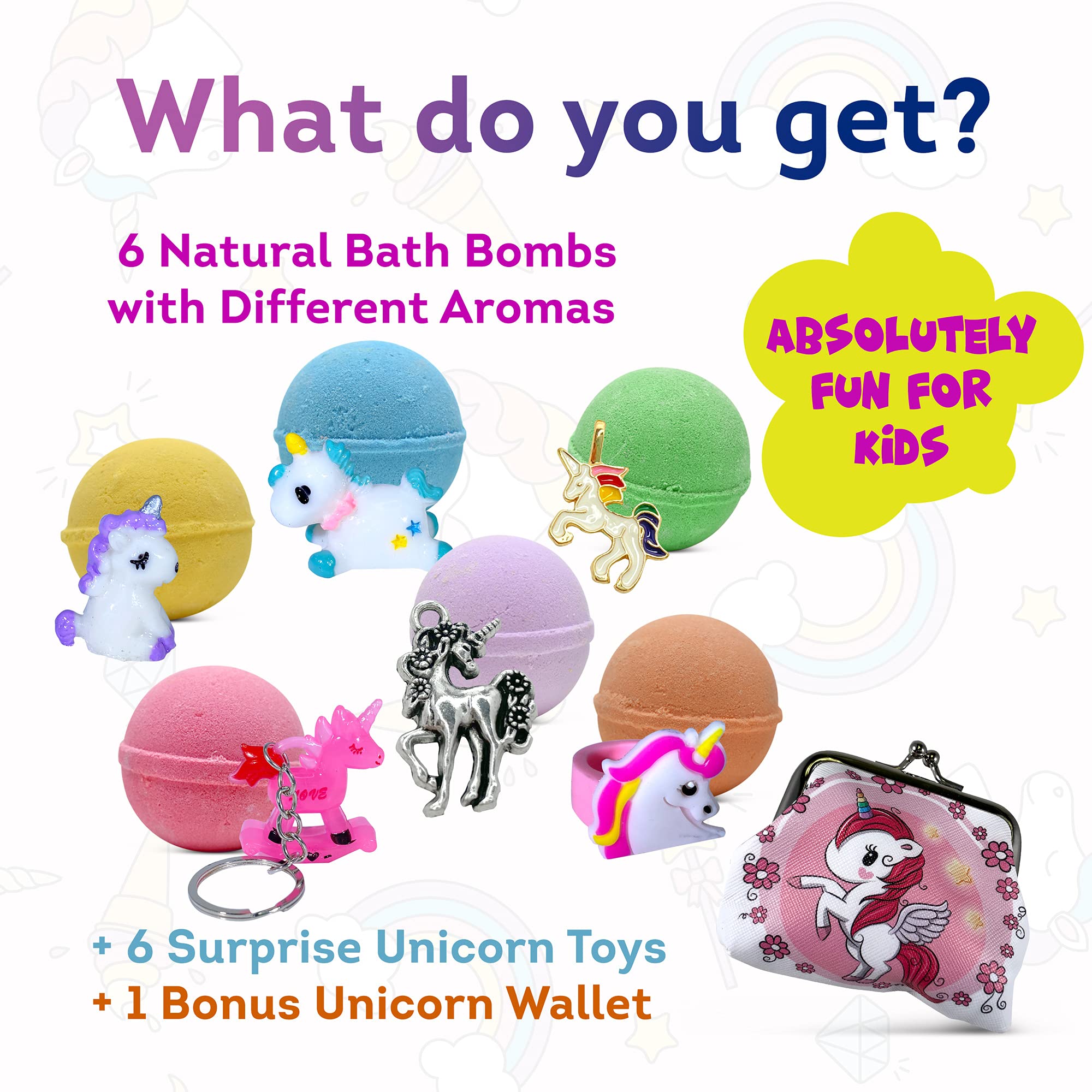 Unicorn Bath Bombs for Kids with Surprise Toys Inside - Includes Cute Ring, Keychain, Necklace & Bonus Purse | Handmade Easter Gift Set for Girls | Fun Bath Time & Birthday Party Favors