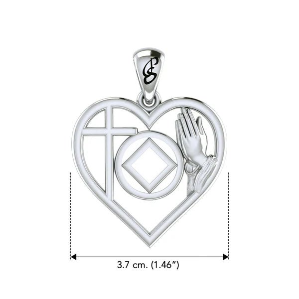 Faith & Christogram Heart Sterling Silver Recovery Pendant with AA/NA Symbol - Adjustable 18