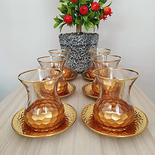 LaModaHome Vintage Handmade Turkish Arabic Tea Glasses Set - 6-Piece Gold Luxury Tea Cups with Metal Saucers for Home, Wedding & Gift | Perfect for Afternoon Tea, Parties & Turkish Coffee Ceremonies