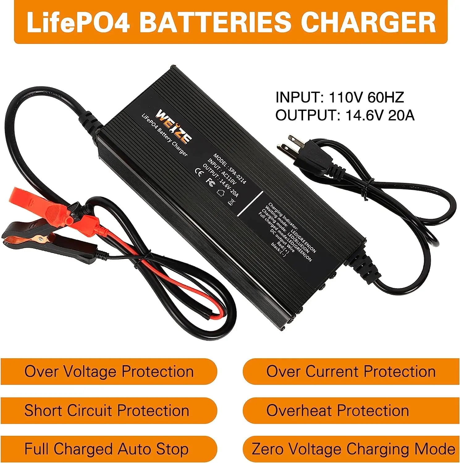 14.6V 20A LiFePO4 Lithium Battery Smart Charger - AC/DC Fast Charger for 12V Lithium Iron Phosphate Batteries - Perfect for RVs, Solar Systems, Marine & Off-Grid Power Applications